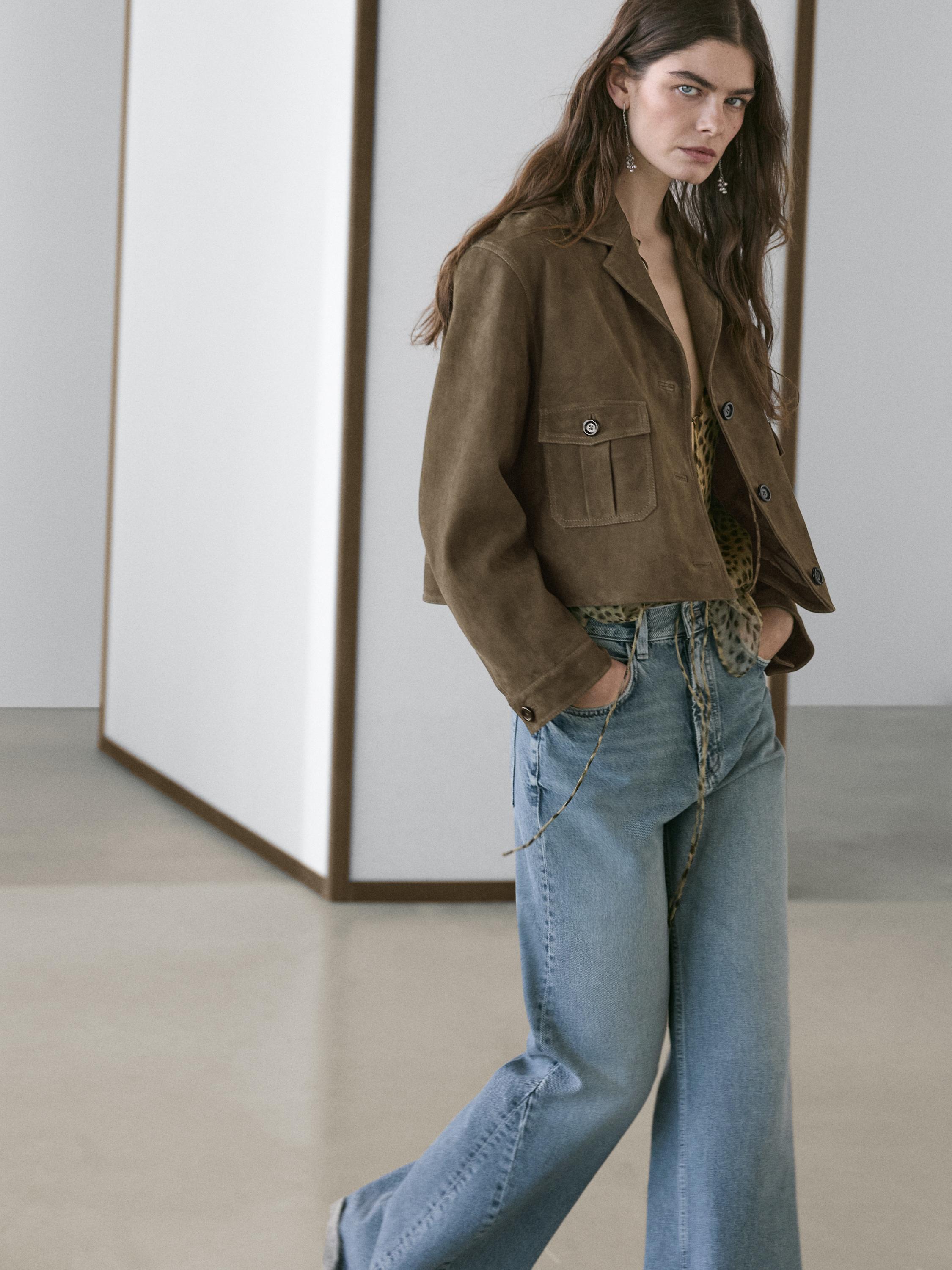 Short suede leather jacket — KHAKI