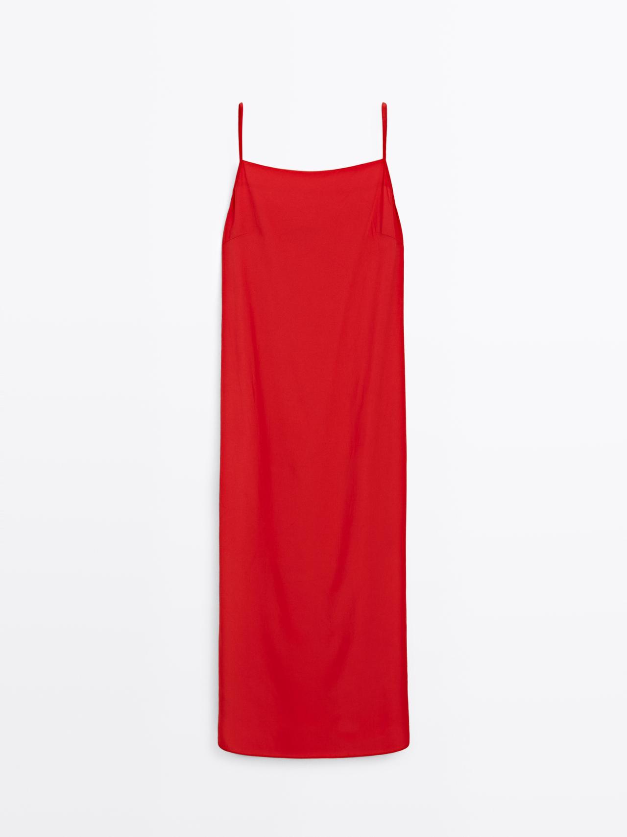 Massimo Dutti - Dame - Midi-Kjole Med Lige Halsudskæring - Rød - 34