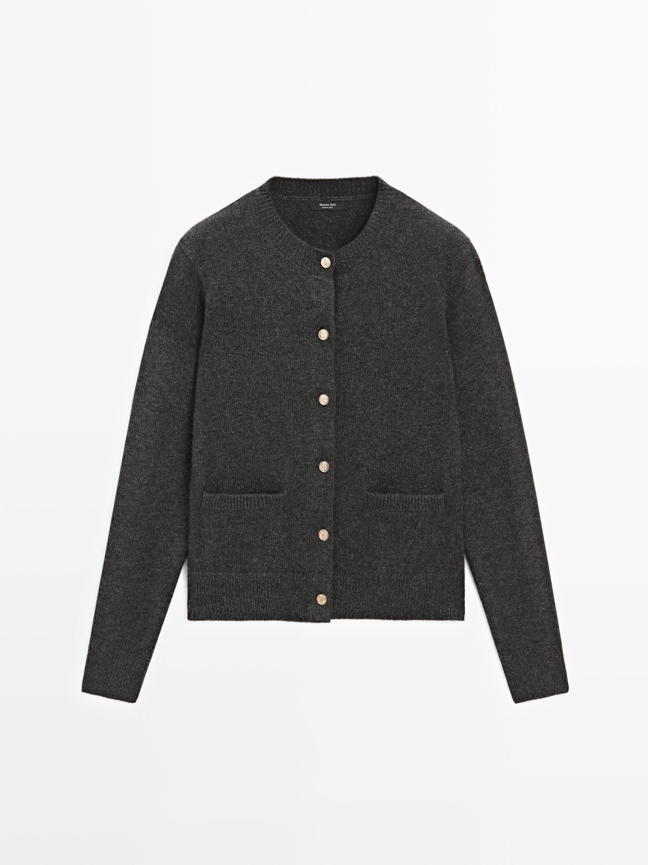 Massimo Dutti - Dame - Cardigan I Strik Med Guldknapper - Koksgrå - S