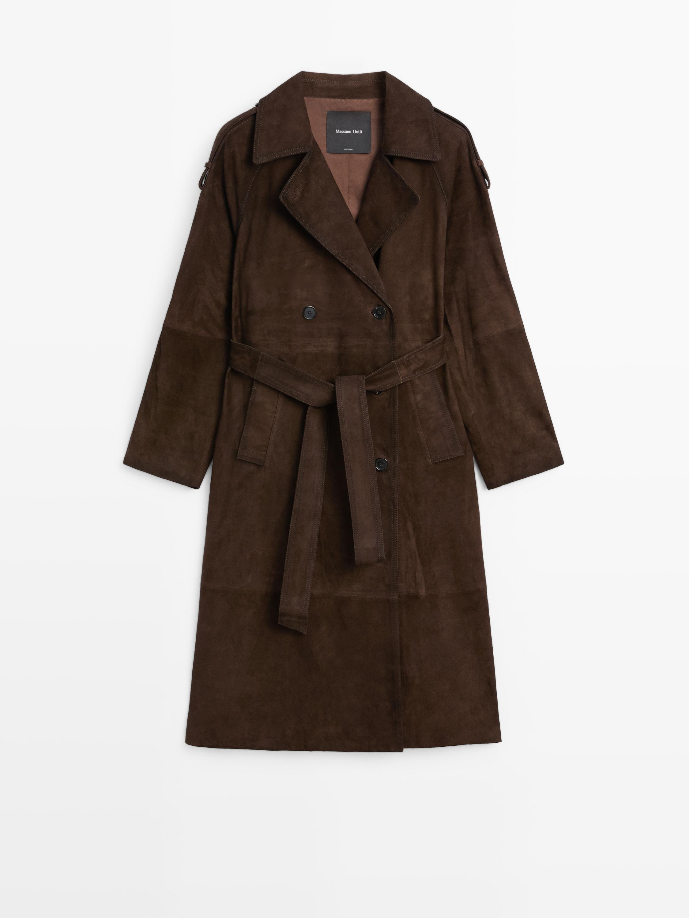 Long suede leather trench coat