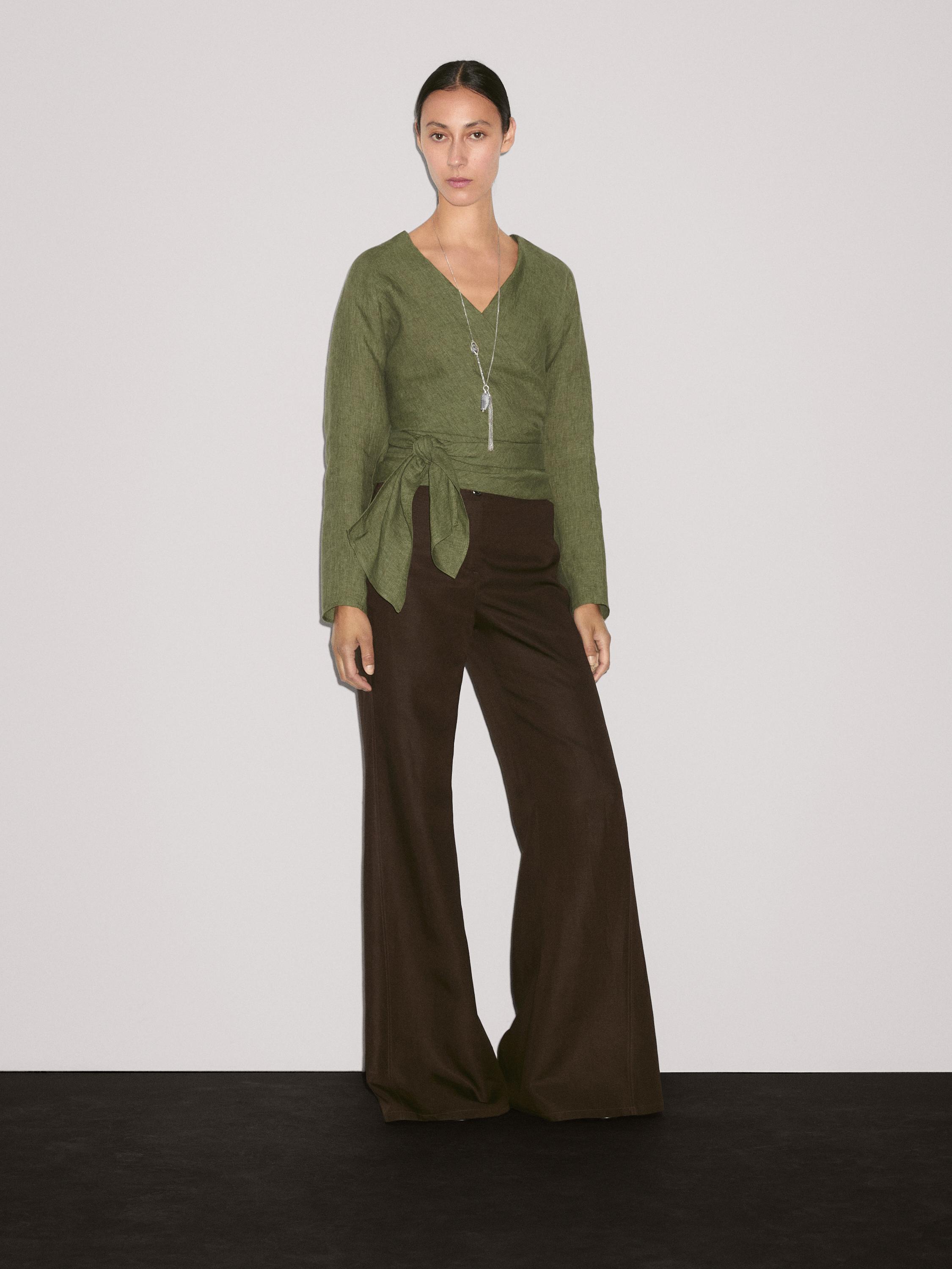 Blouse fluide lin avec nœud à la taille