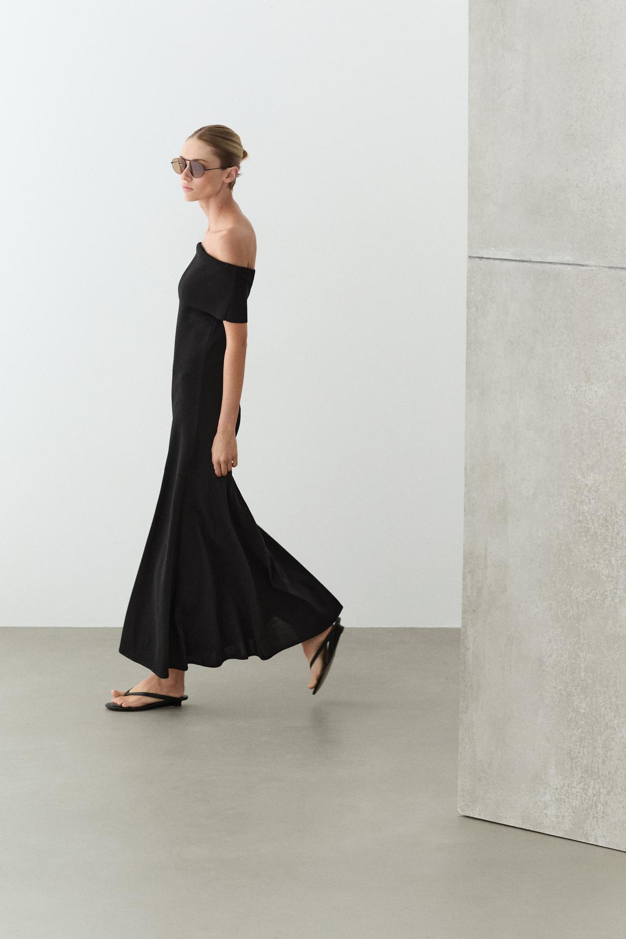 Knit midi dress with exposed shoulders — BLACK