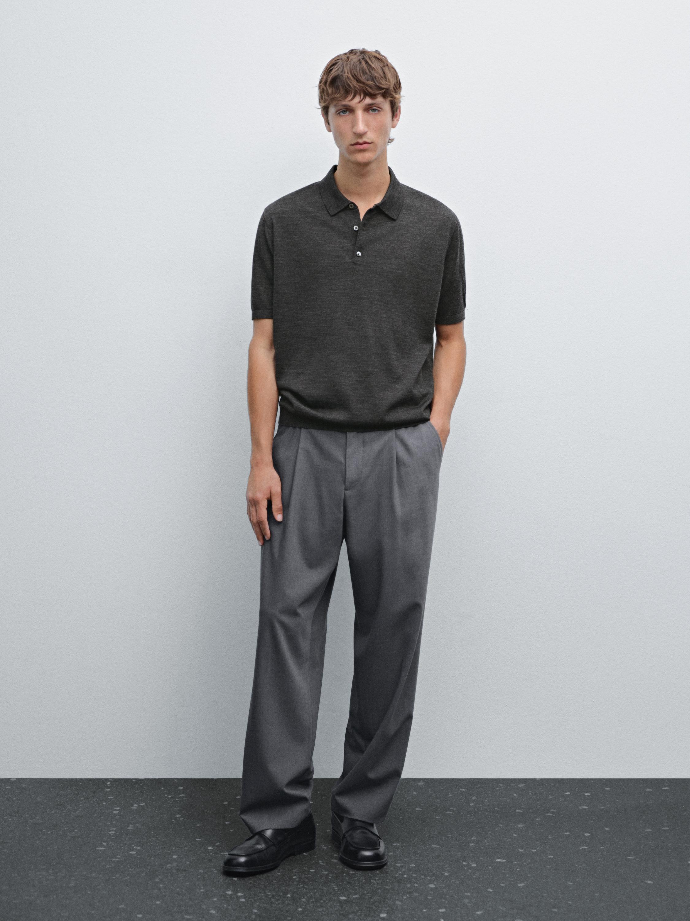 Short sleeve wool blend knit polo shirt