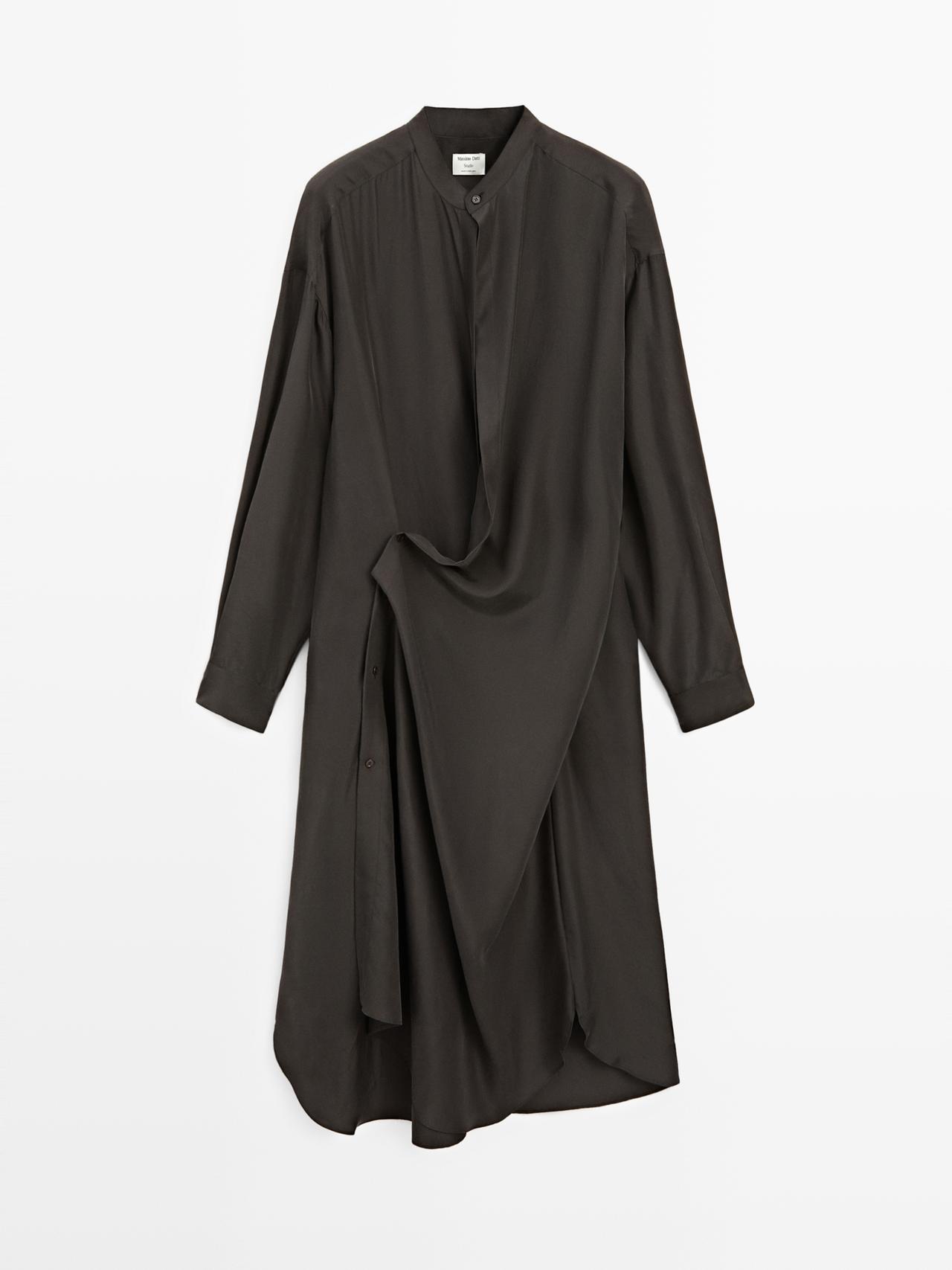 Vestito Midi Con Chiusura 100% Seta - Studio - Kaki Oscuro - Xs-S - Massimo Dutti - Femminile