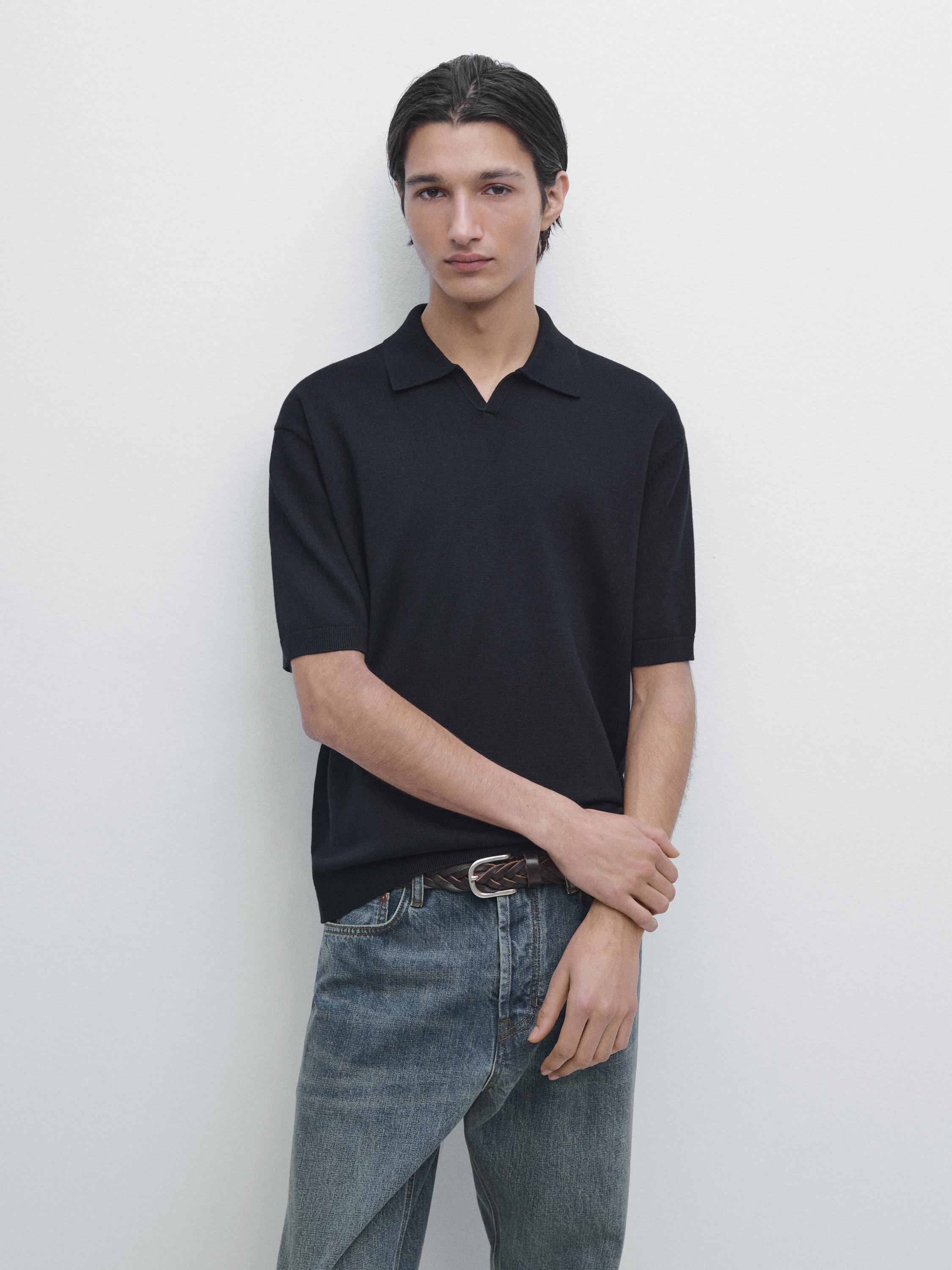Cotton blend knit polo sweater — NAVY BLUE