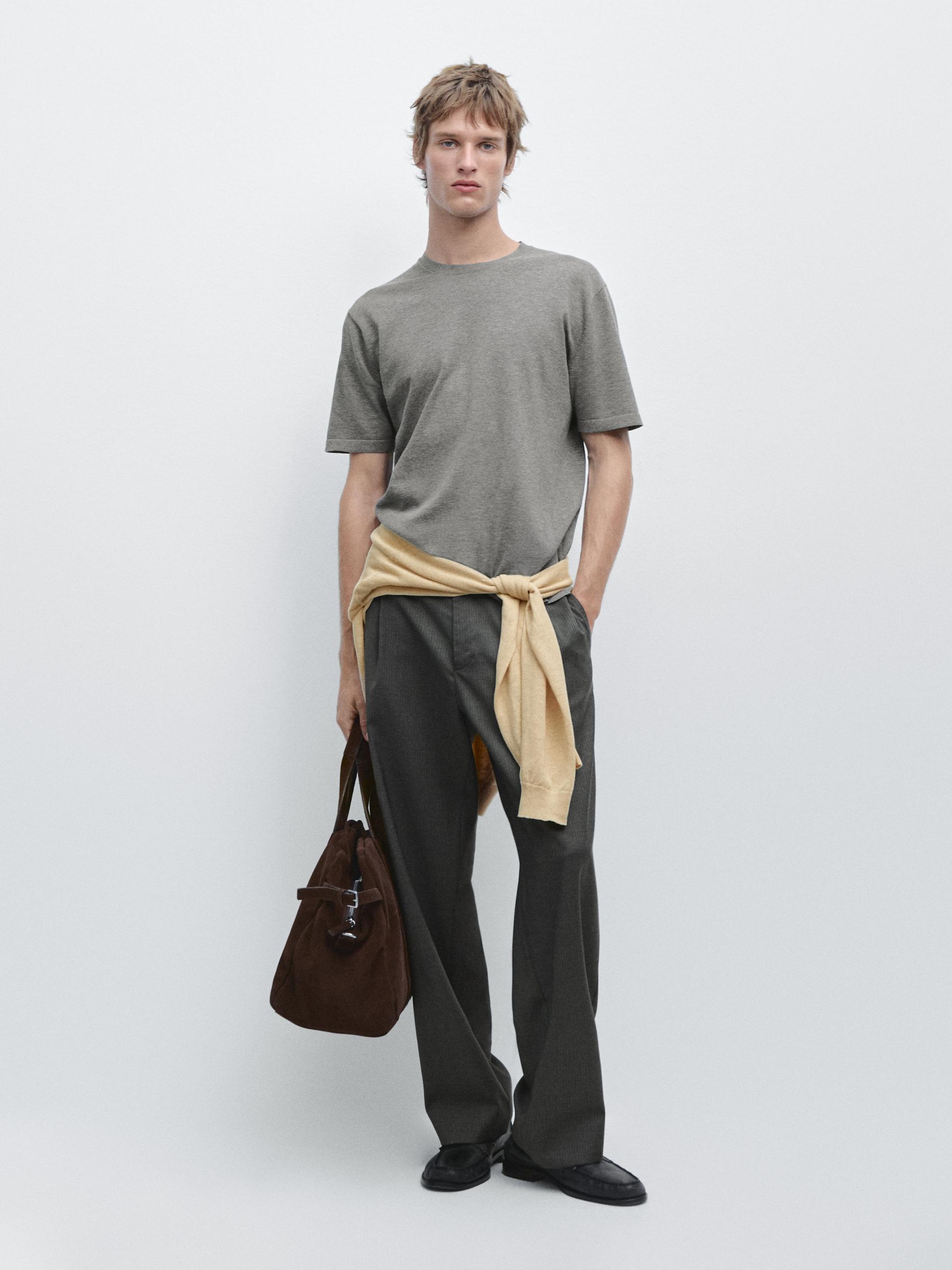 Dzianinowa Koszulka Bawełniana - Szary Średni - Xxl - Massimo Dutti - Mężczyzna