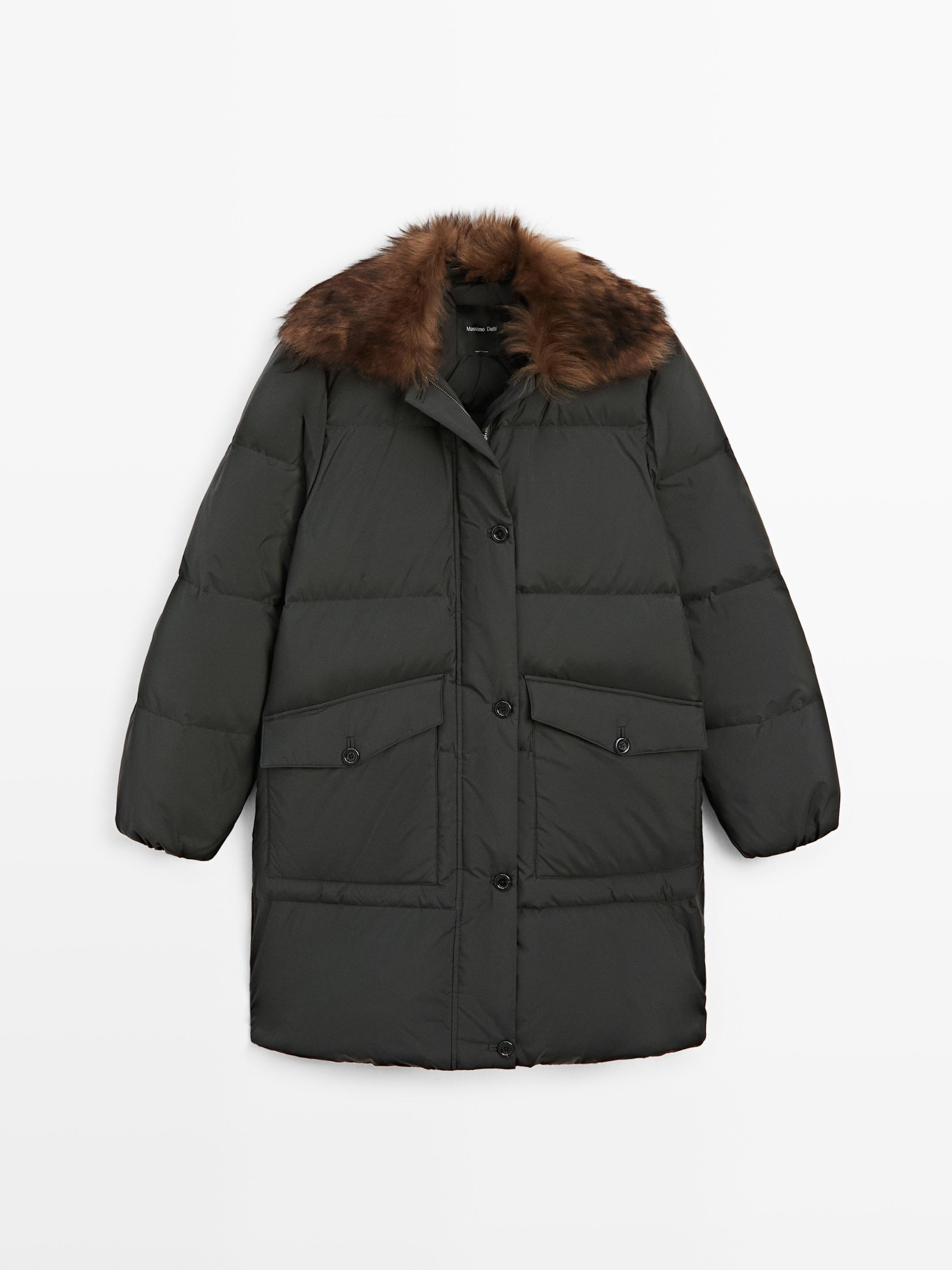 Long water-repellent down jacket with collar detail