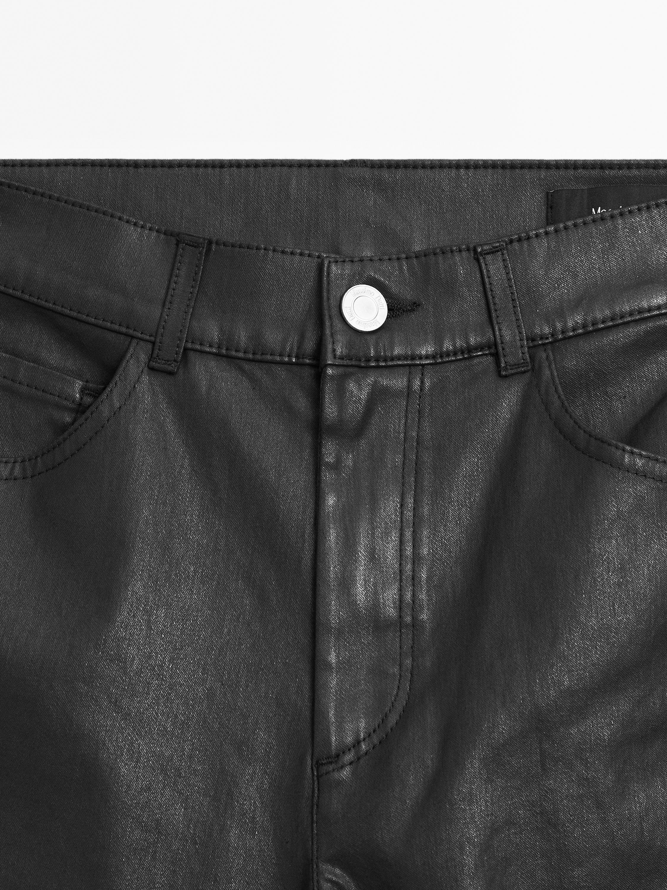 High-waist straight-leg waxed trousers — BLACK