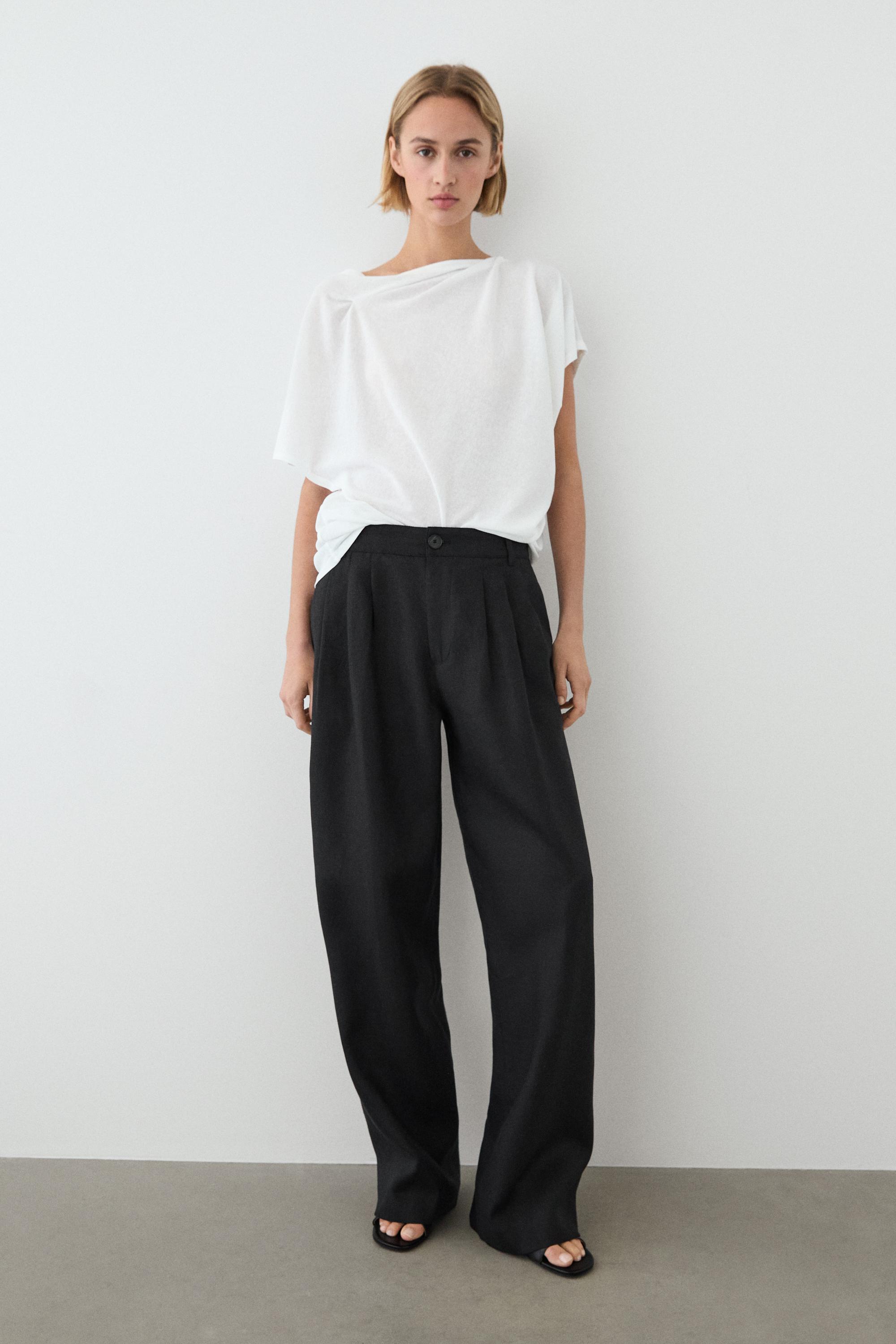 Wide-leg pleated linen trousers — BLACK