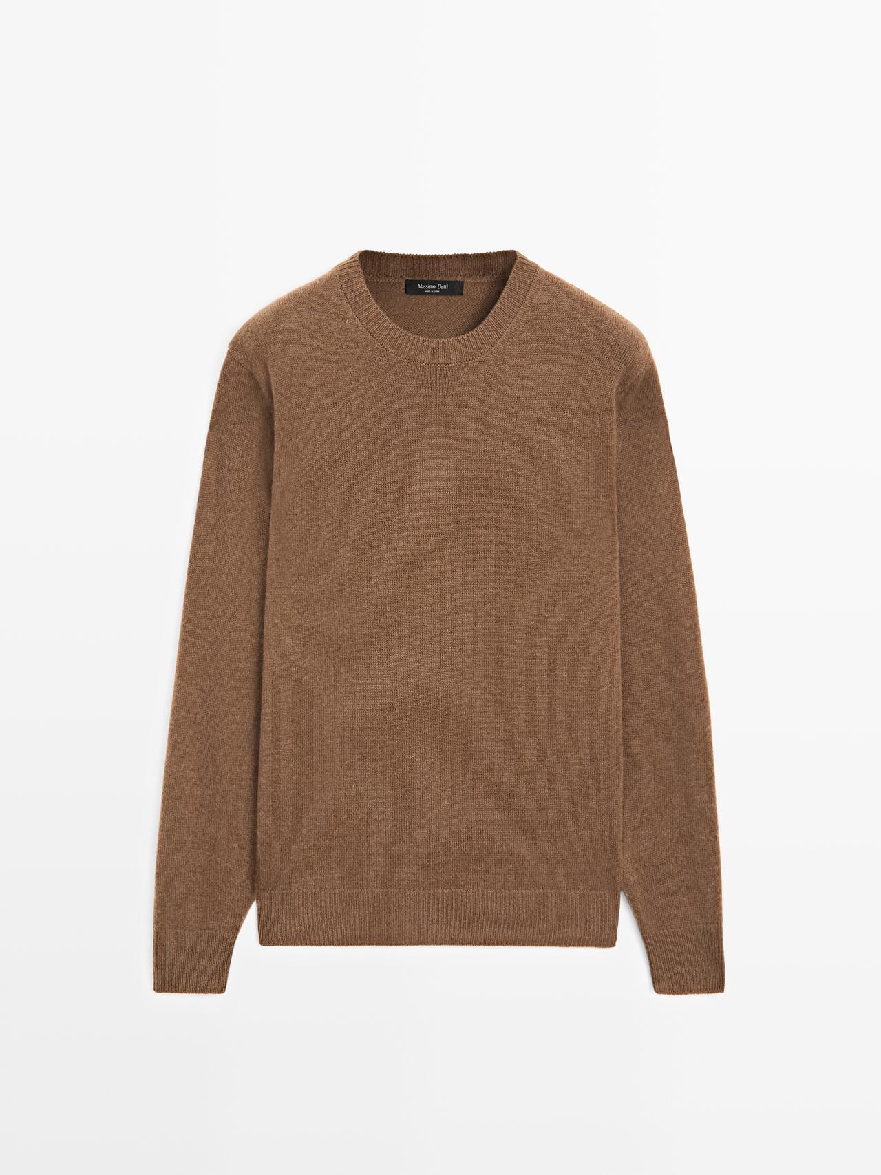 Massimo Dutti - Herre - Striktrøje I Uldblanding Med Rund Hals - Brun - M