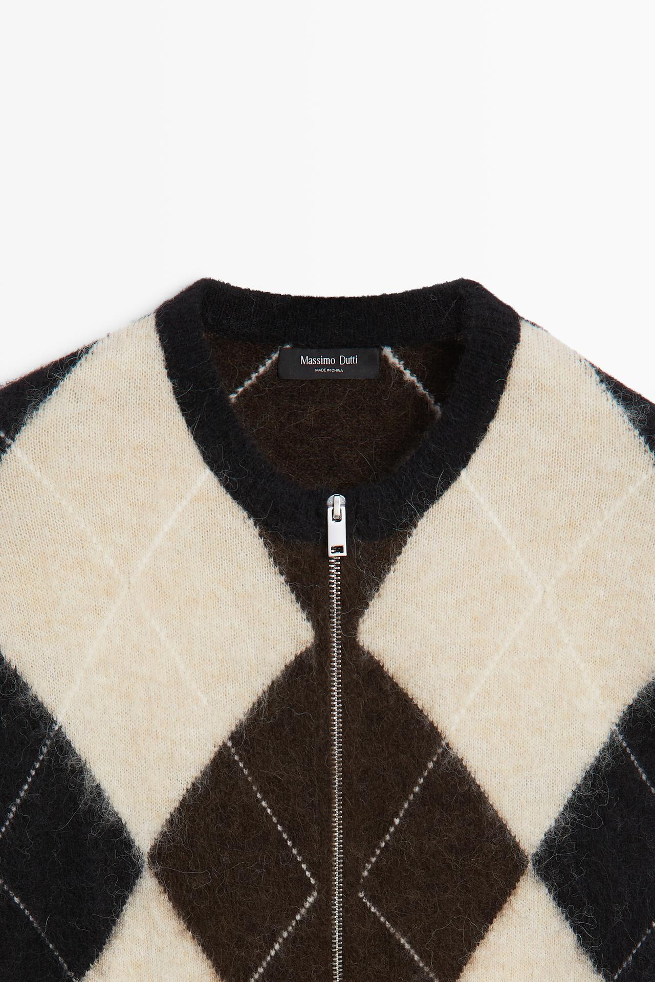 Wool-blend zip-up cardigan with diamond pattern — DARK GREY