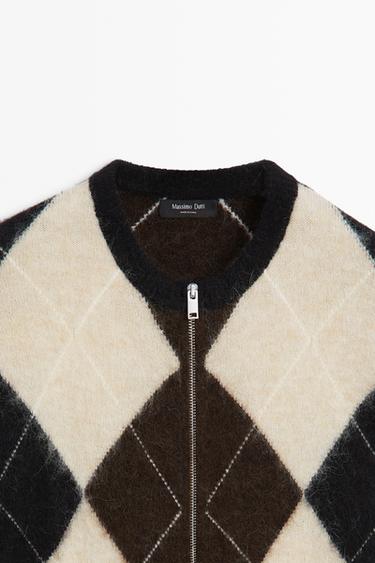 Wool-blend zip-up cardigan with diamond pattern — DARK GREY 9