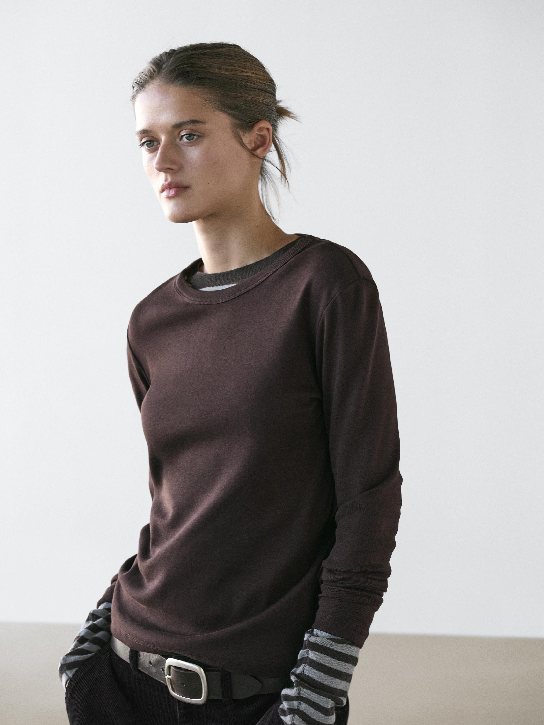 Ribbed long sleeve melange T-shirt — BROWN