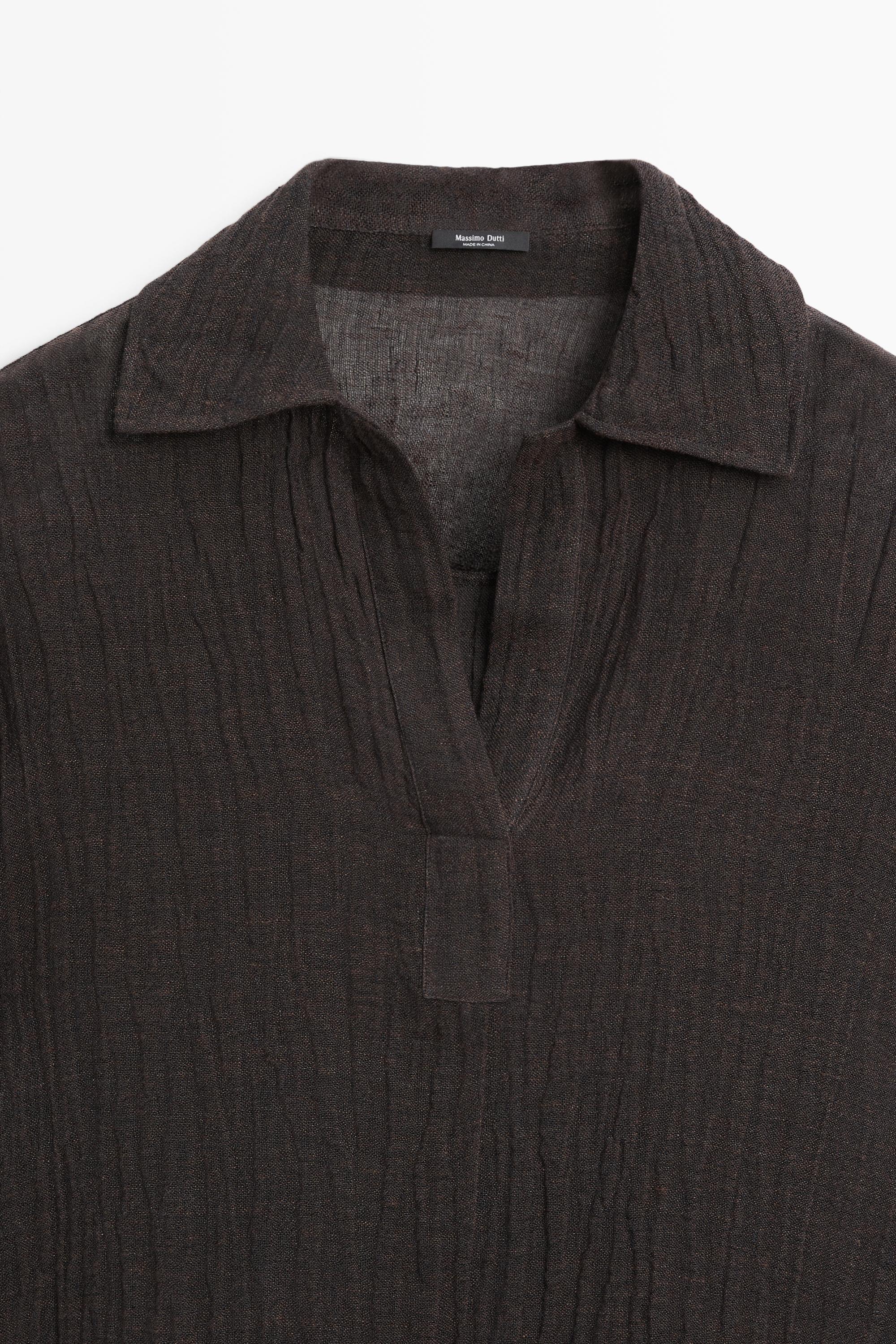 Flowing linen blend polo blouse — BROWN