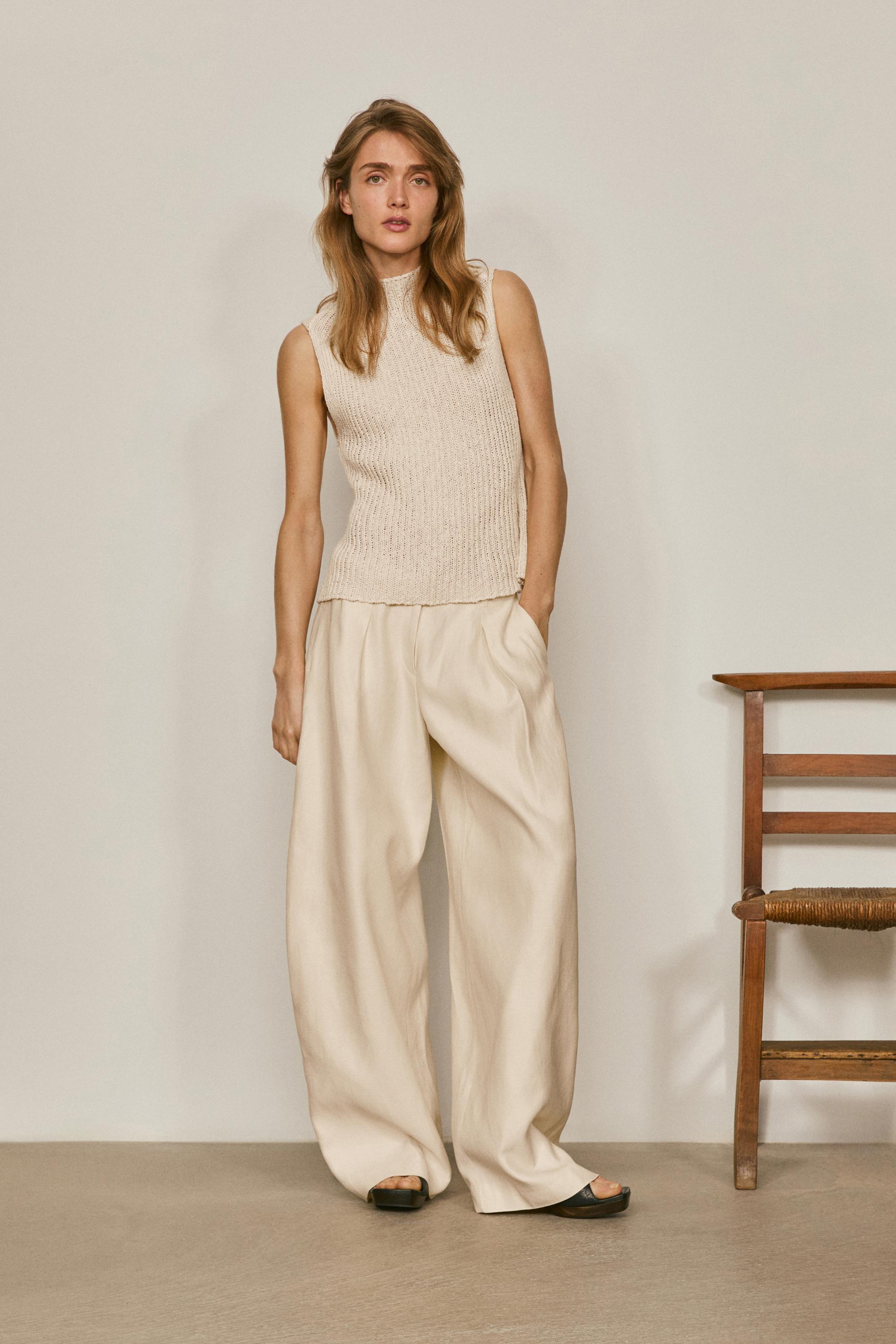 Linen blend openwork mock turtleneck top - LIMITED EDITION — CREAM