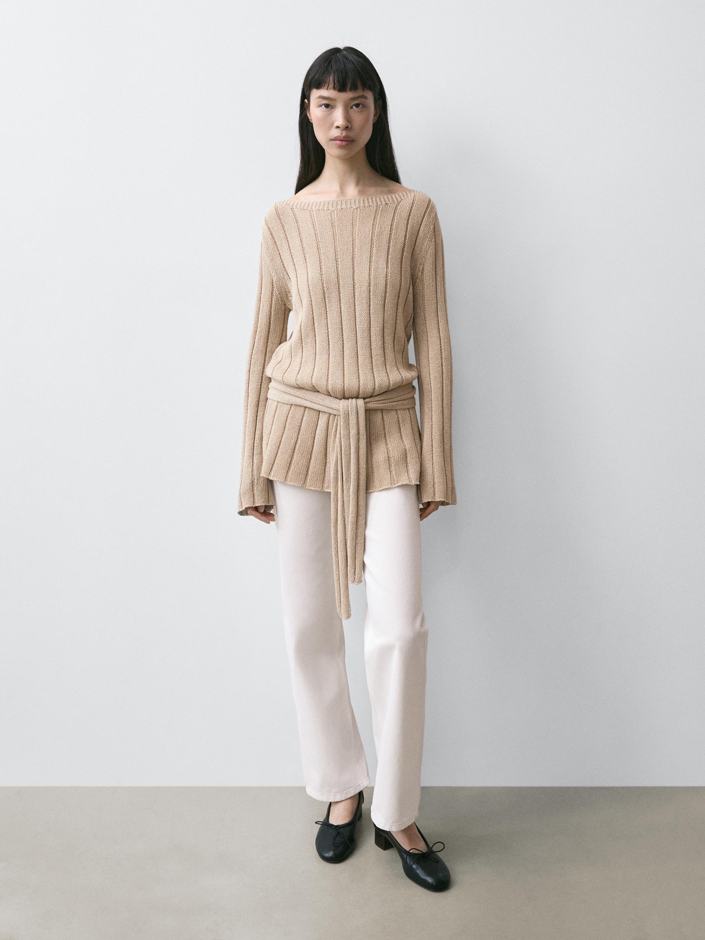 Cotton blend knit boat neck sweater — BEIGE