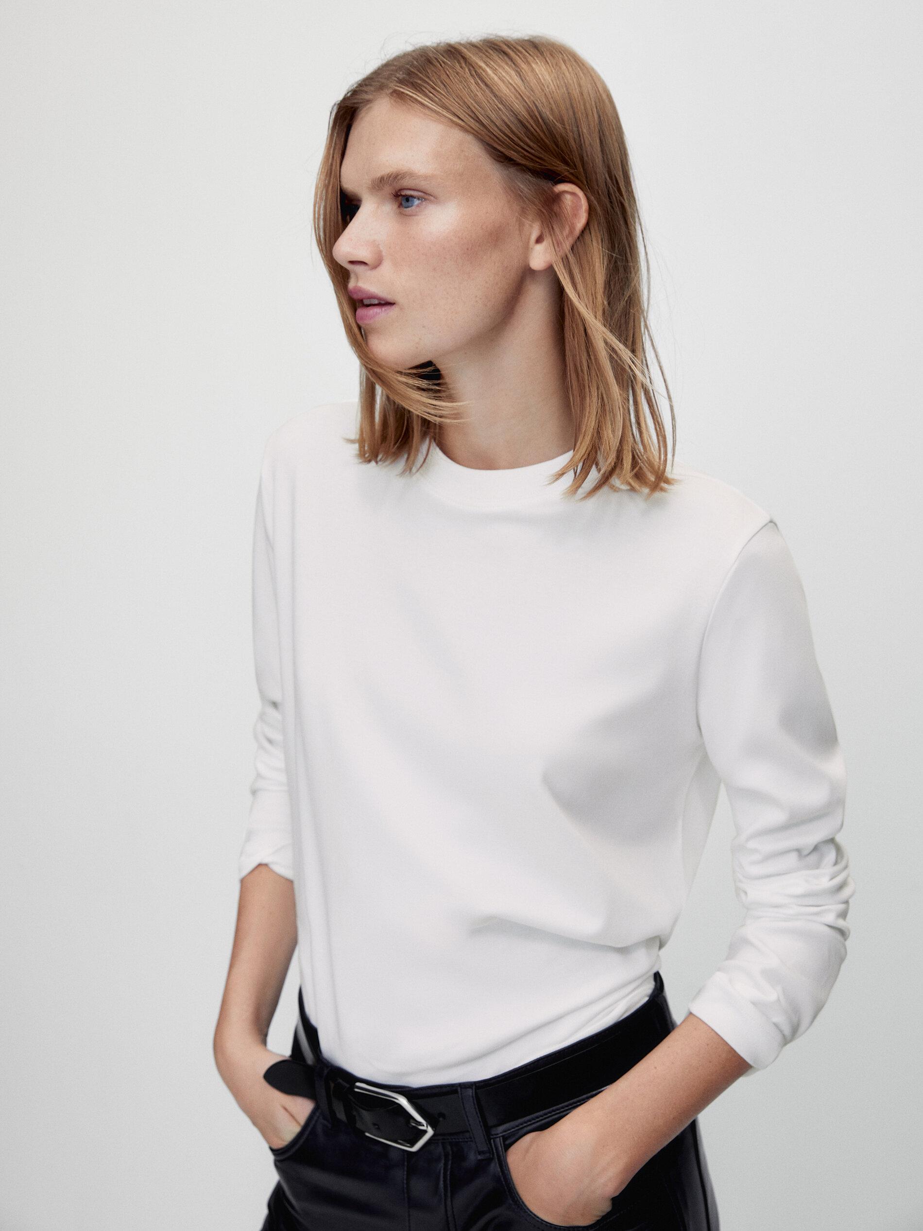 100% cotton interlock long sleeve T-shirt — Off white