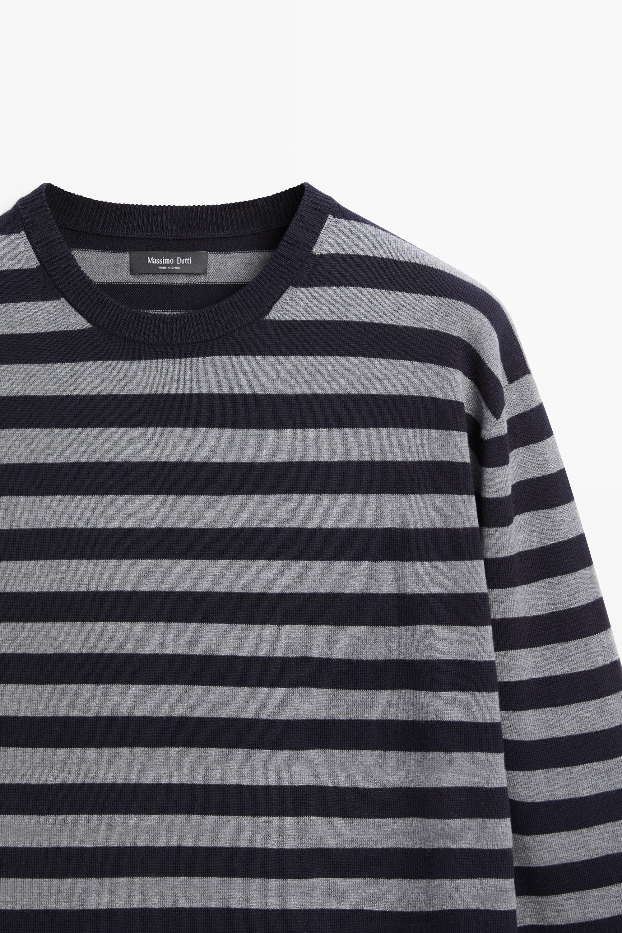 Cotton blend striped knit sweater — NAVY BLUE