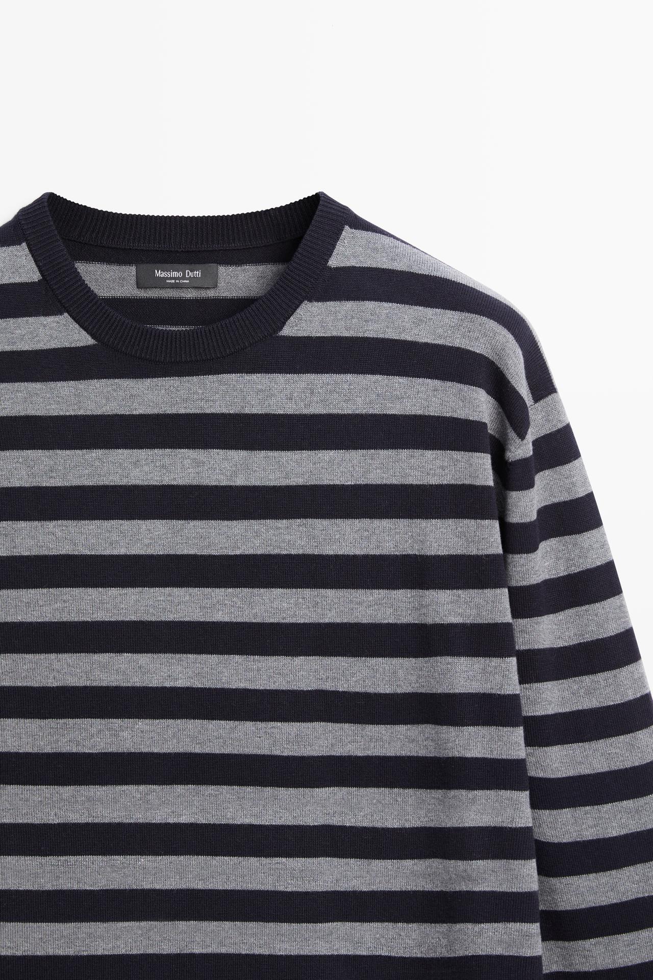 Cotton blend striped knit sweater — NAVY BLUE