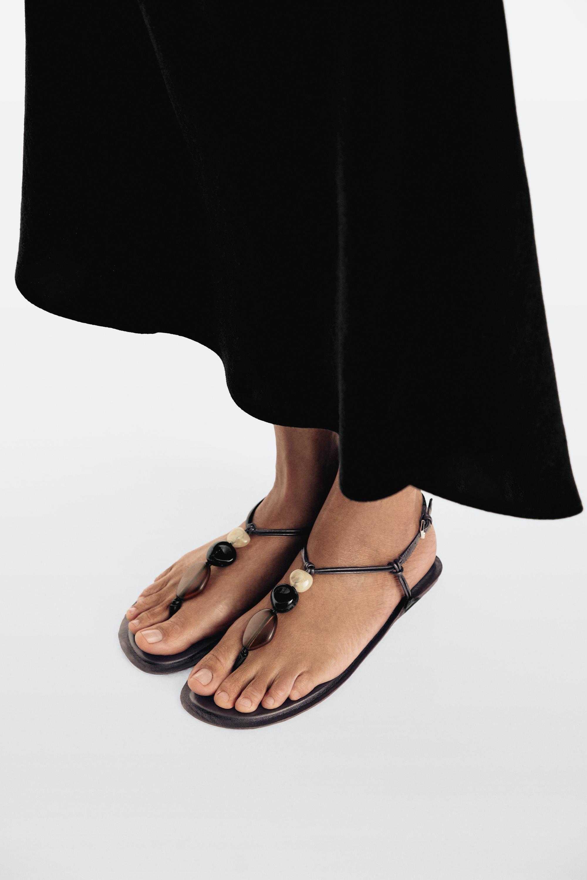 Flat slider sandals with stones — BROWN