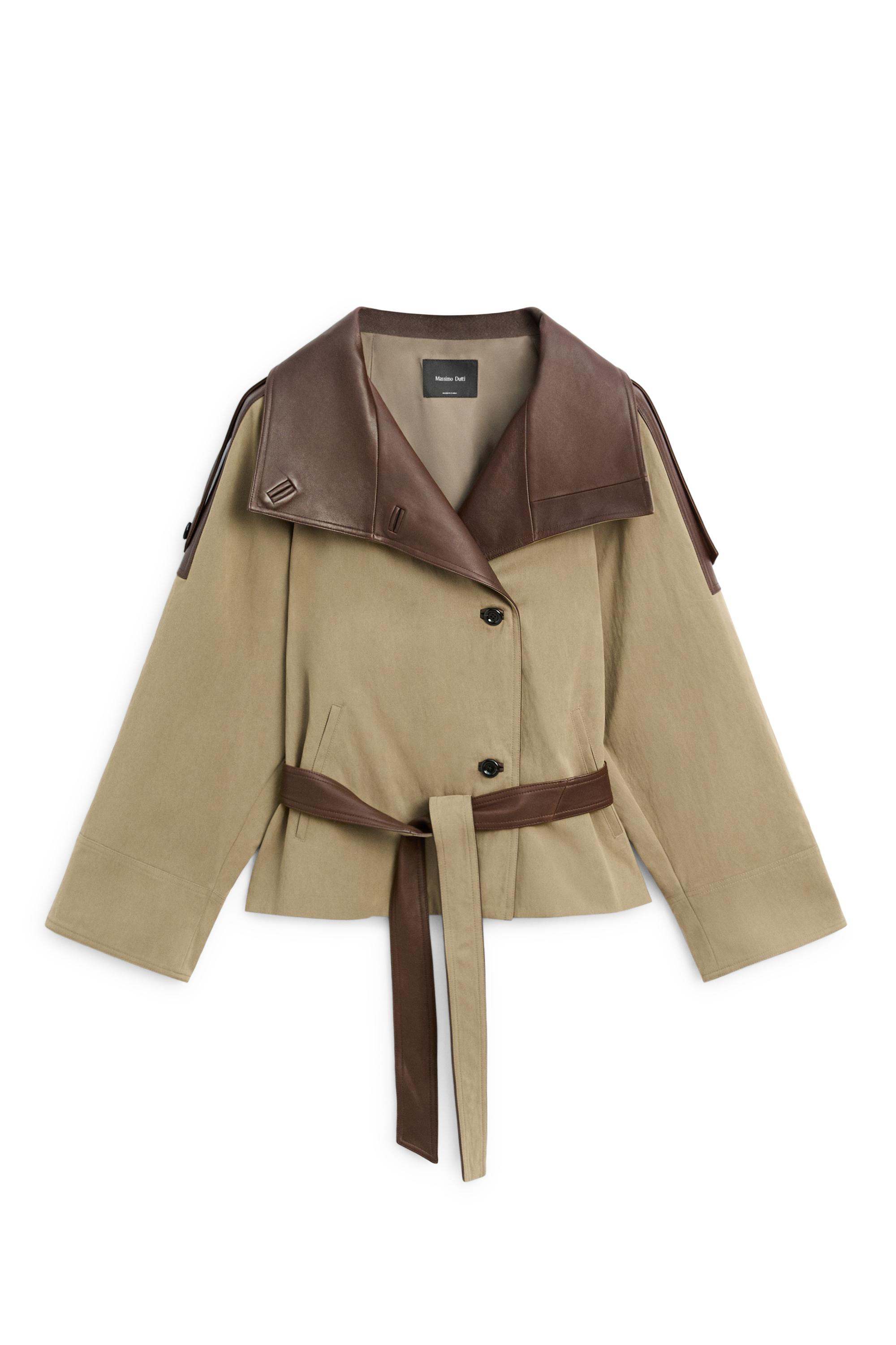 Cropped mixed leather jacket — Greyish green