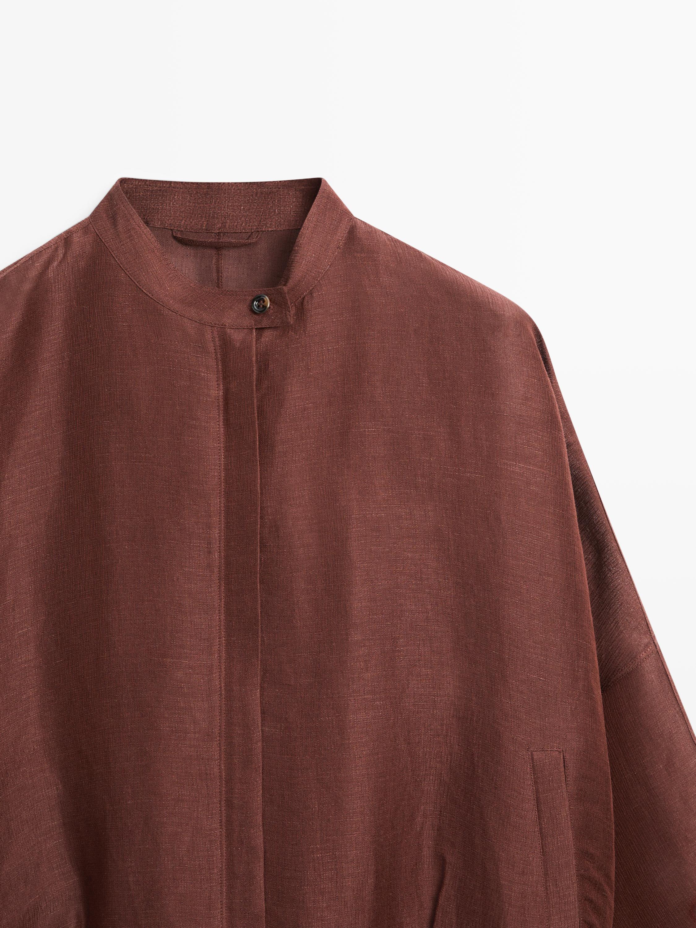 Linen blend bomber jacket — BROWN