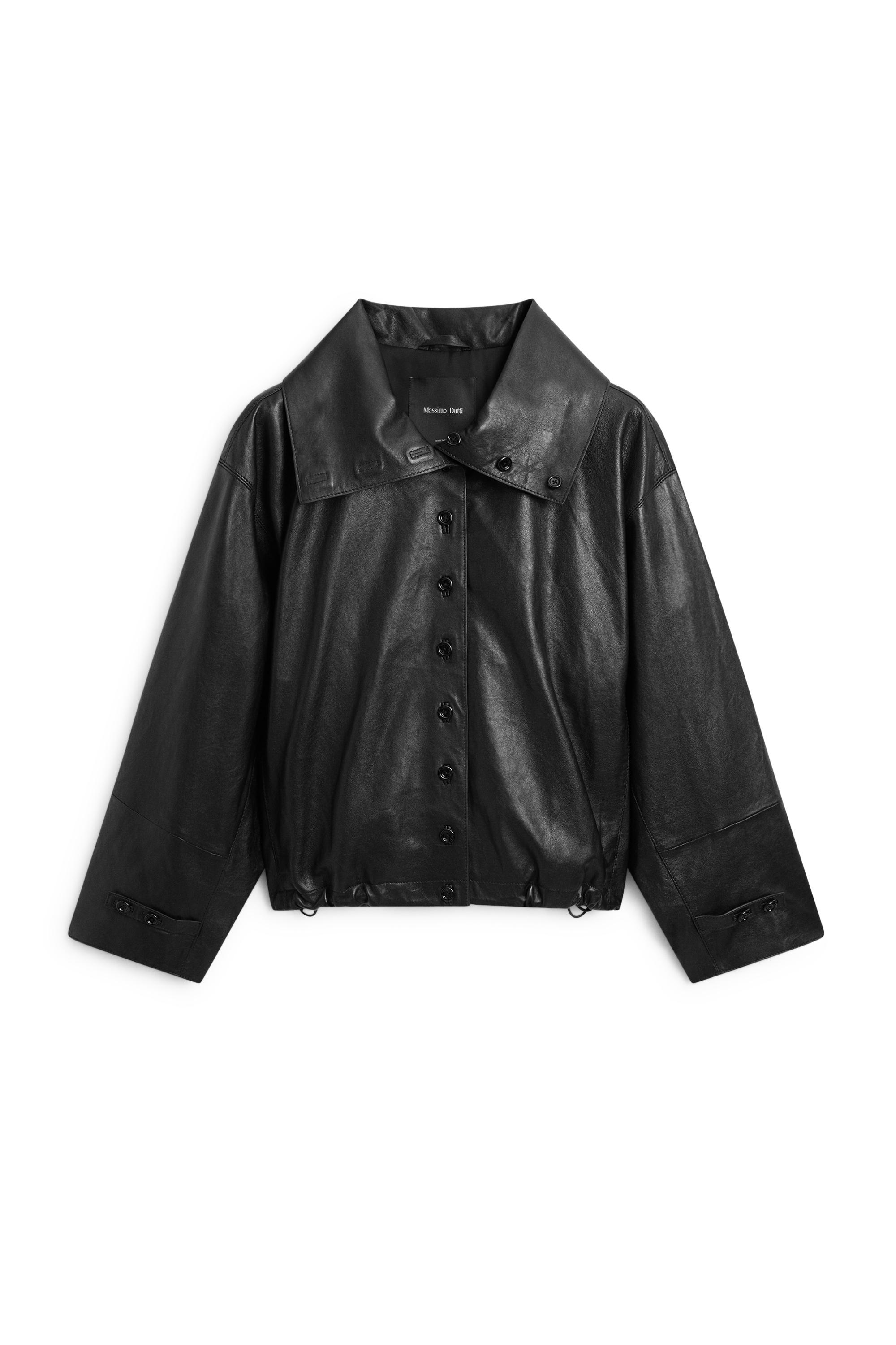 Nappa leather bomber jacket with button detail — BLACK