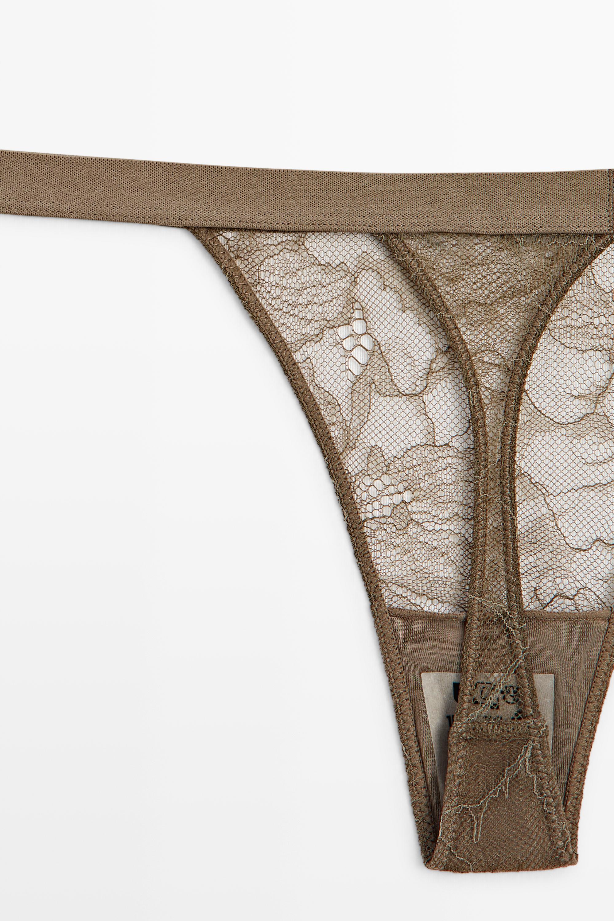 Elasticated floral lace thong — MINK