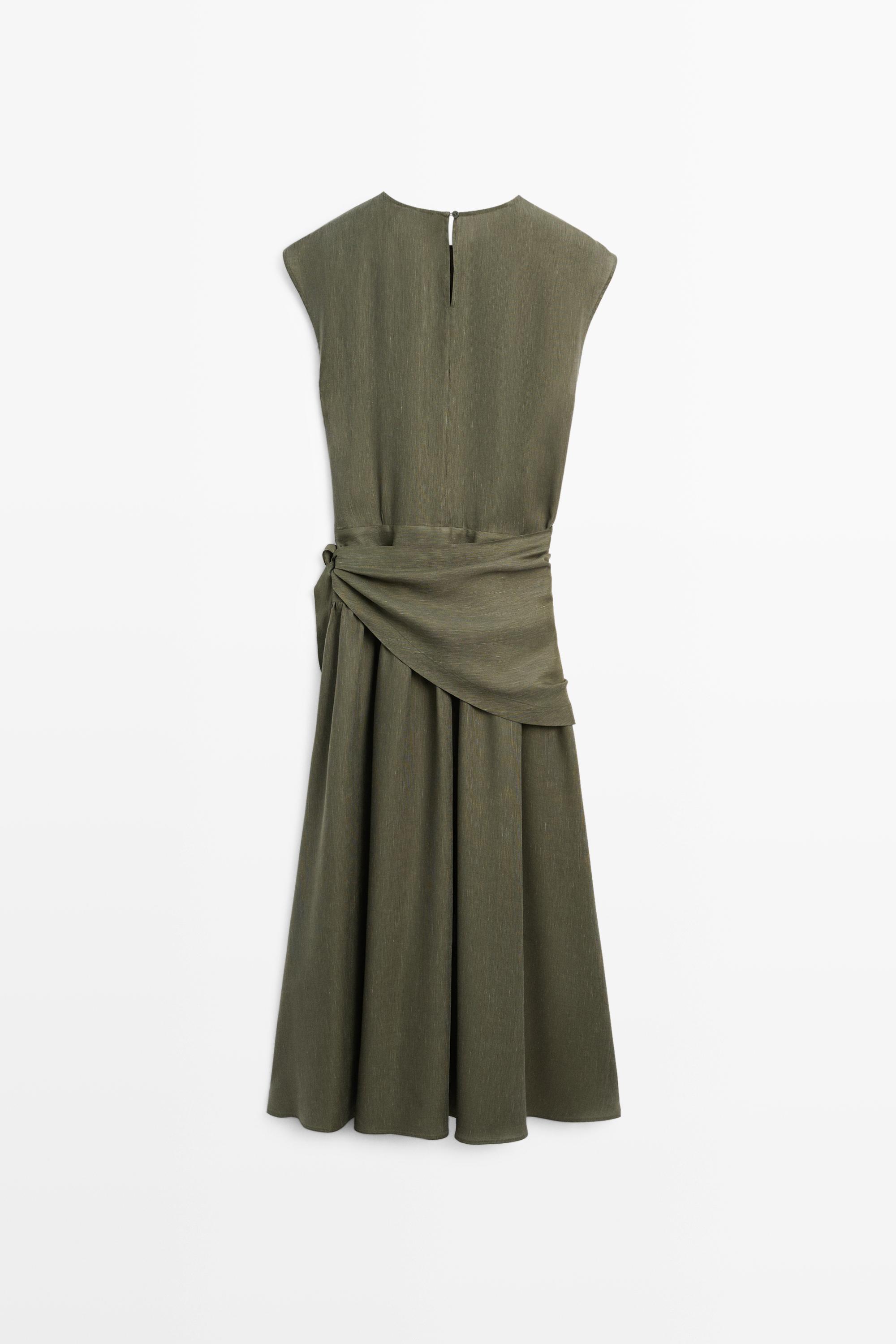 Green Dress Massimo Dutti Pleated Dress Flowing Midi Dress With Scarf  Detail GREEN