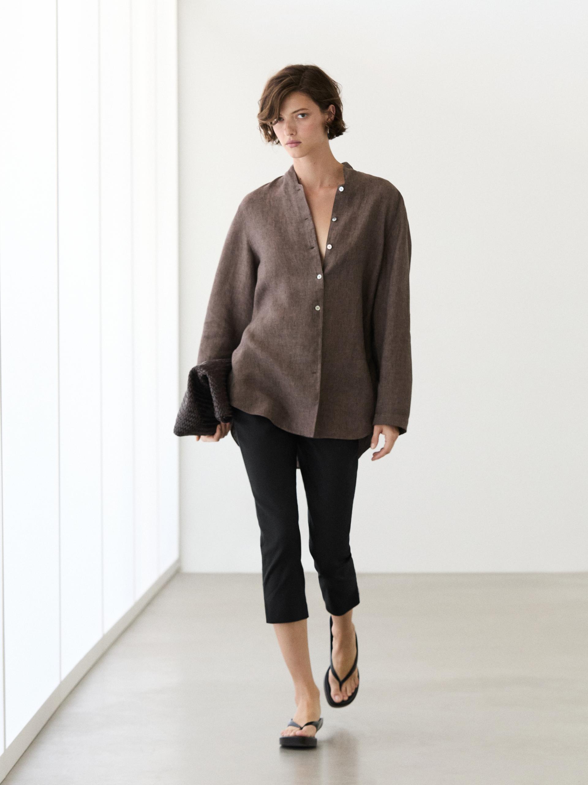 Chemise 100 % Lin À Col En V - Marron - M - Massimo Dutti - Femme