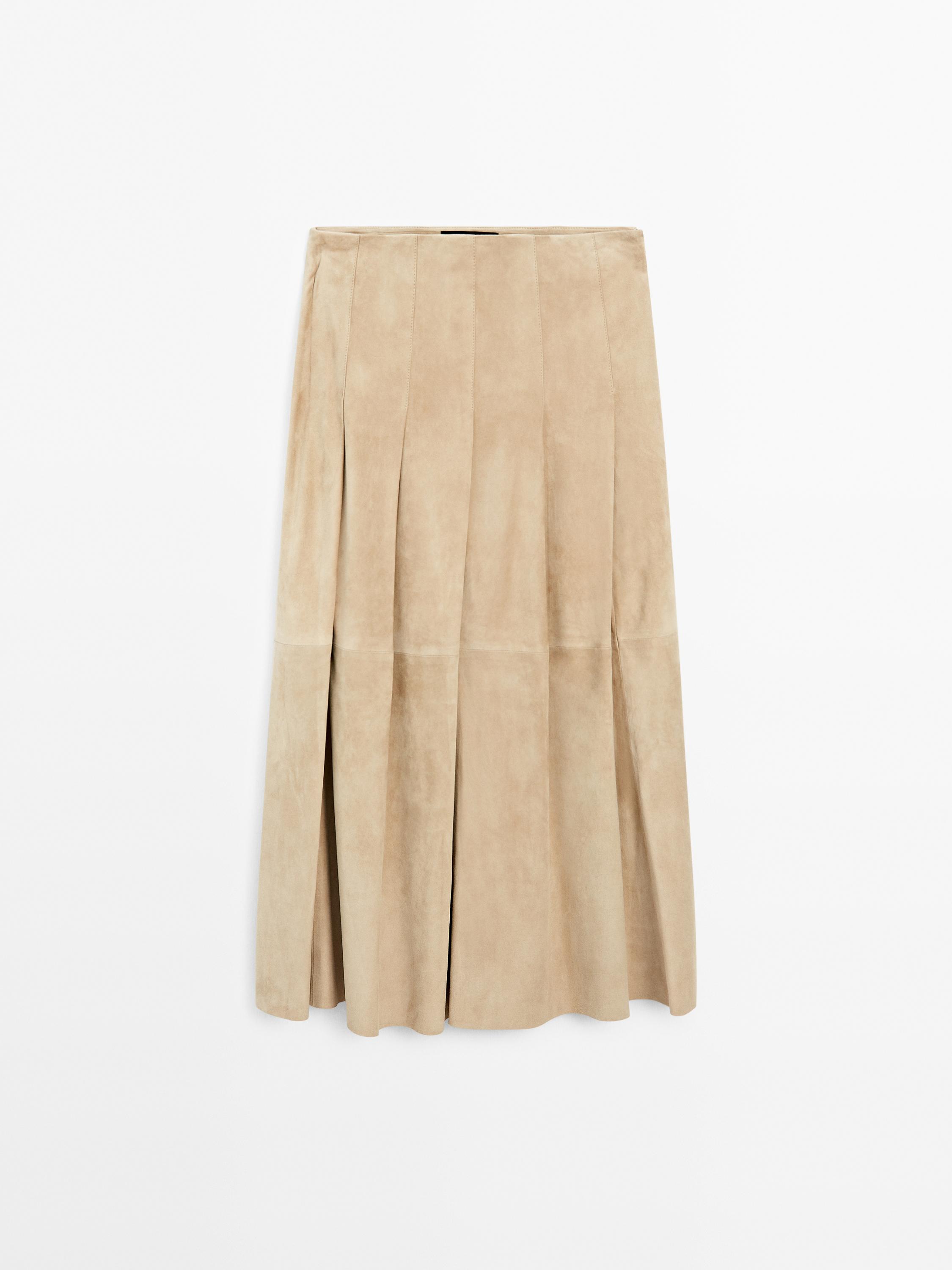 Long pleated suede leather skirt