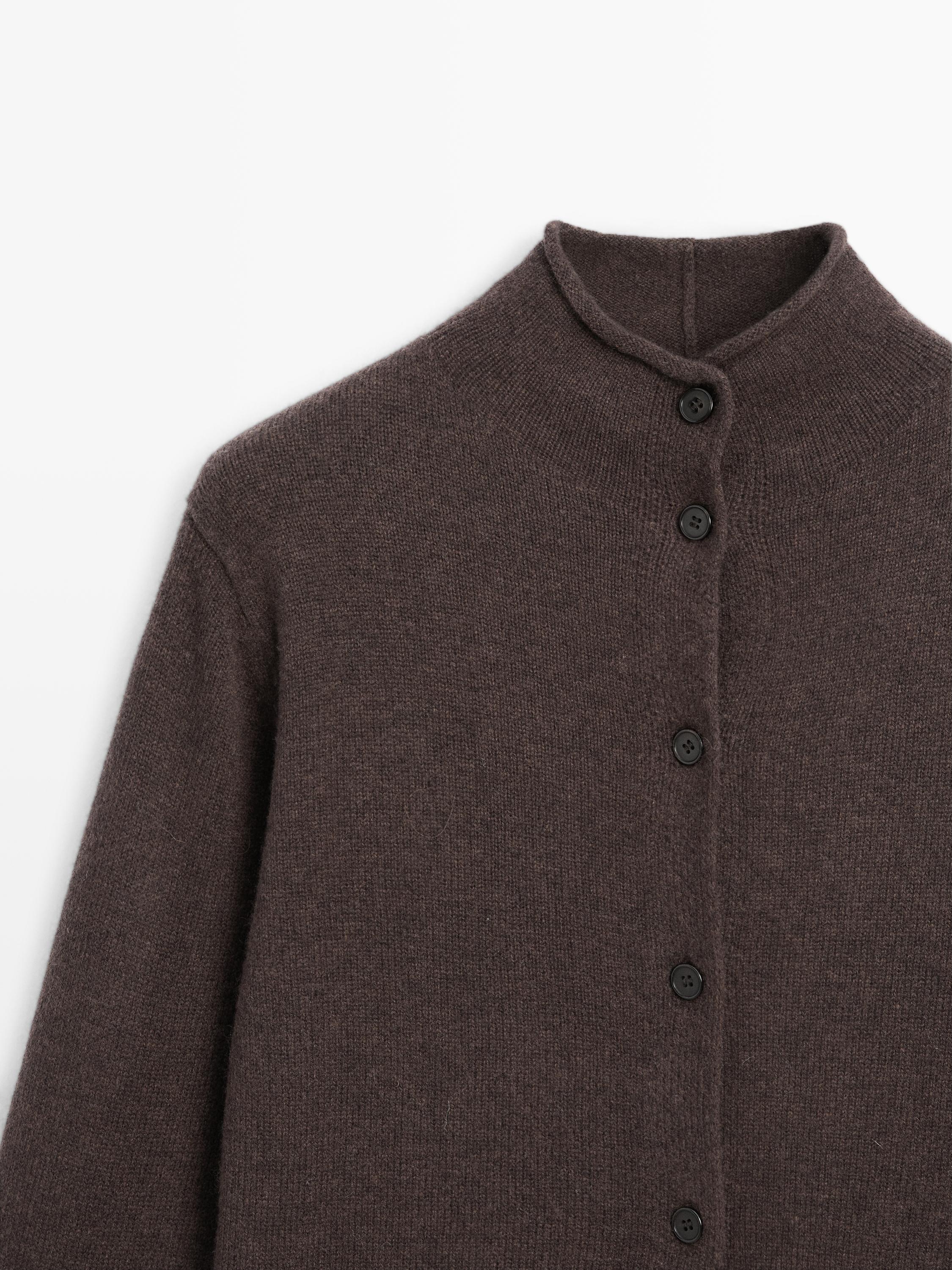 100% wool high neck knit cardigan · Chocolate, Mink · Cardigan