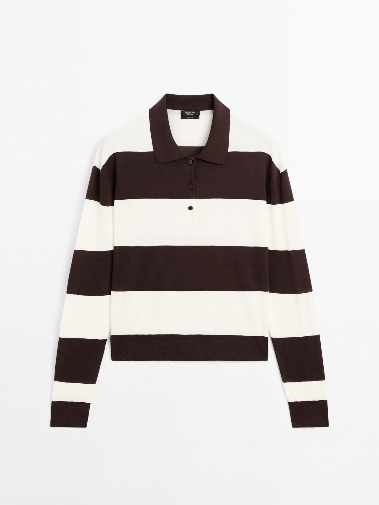 Massimo Dutti - Dame - Stribet Striktrøje Med Polokrave - Chokolade - L