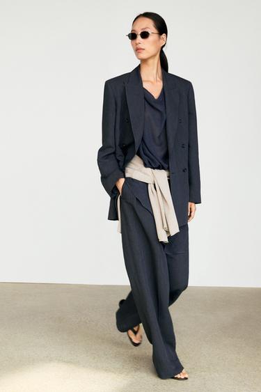 Double-breasted melange linen blazer — NAVY BLUE 3