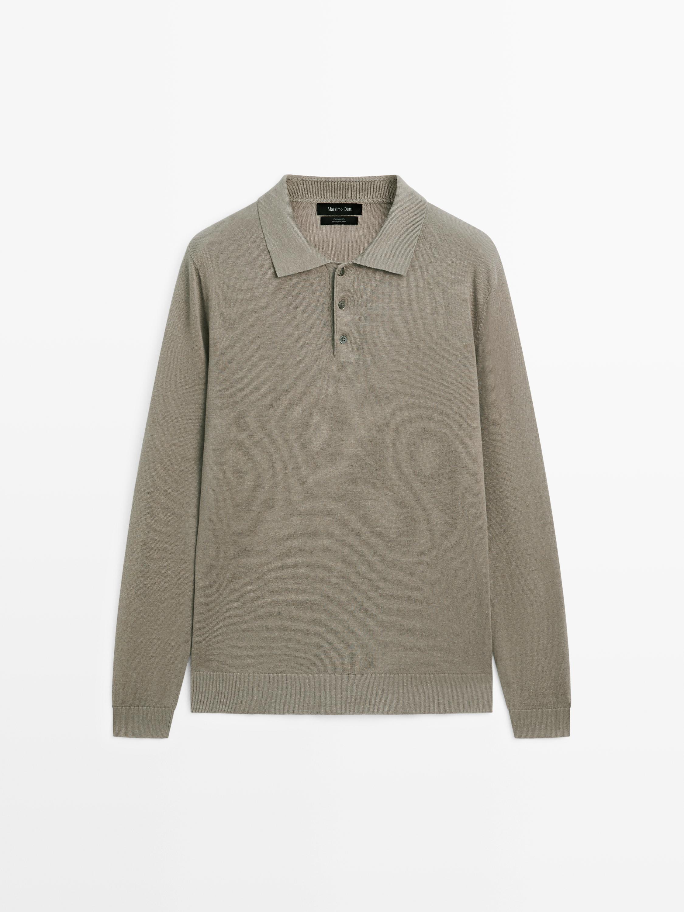 100% linen knit polo collar sweater — PALE KHAKI