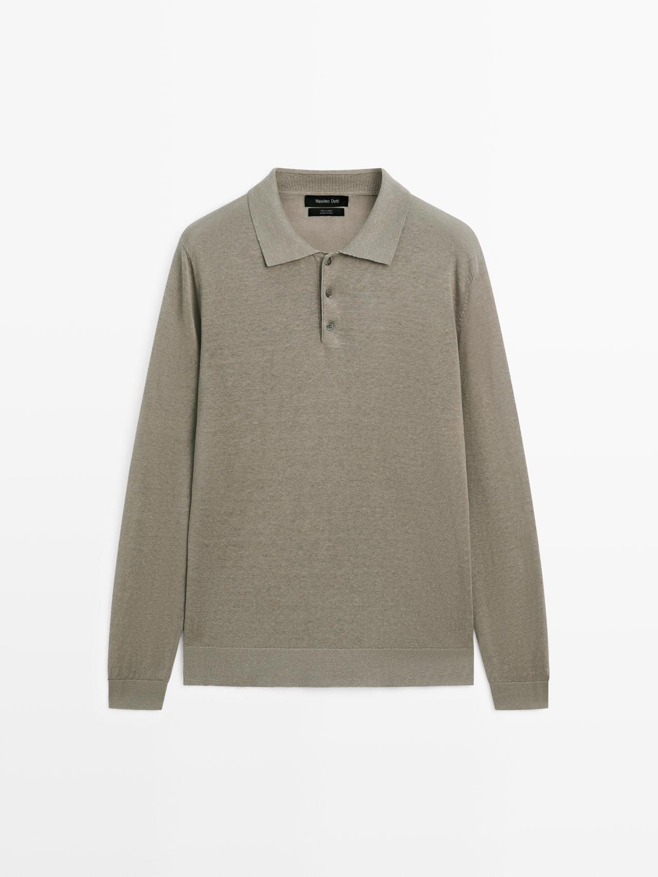 Massimo Dutti - Herre - Striktrøje I 100 % Hør Med Polokrave - Kaki - Xl