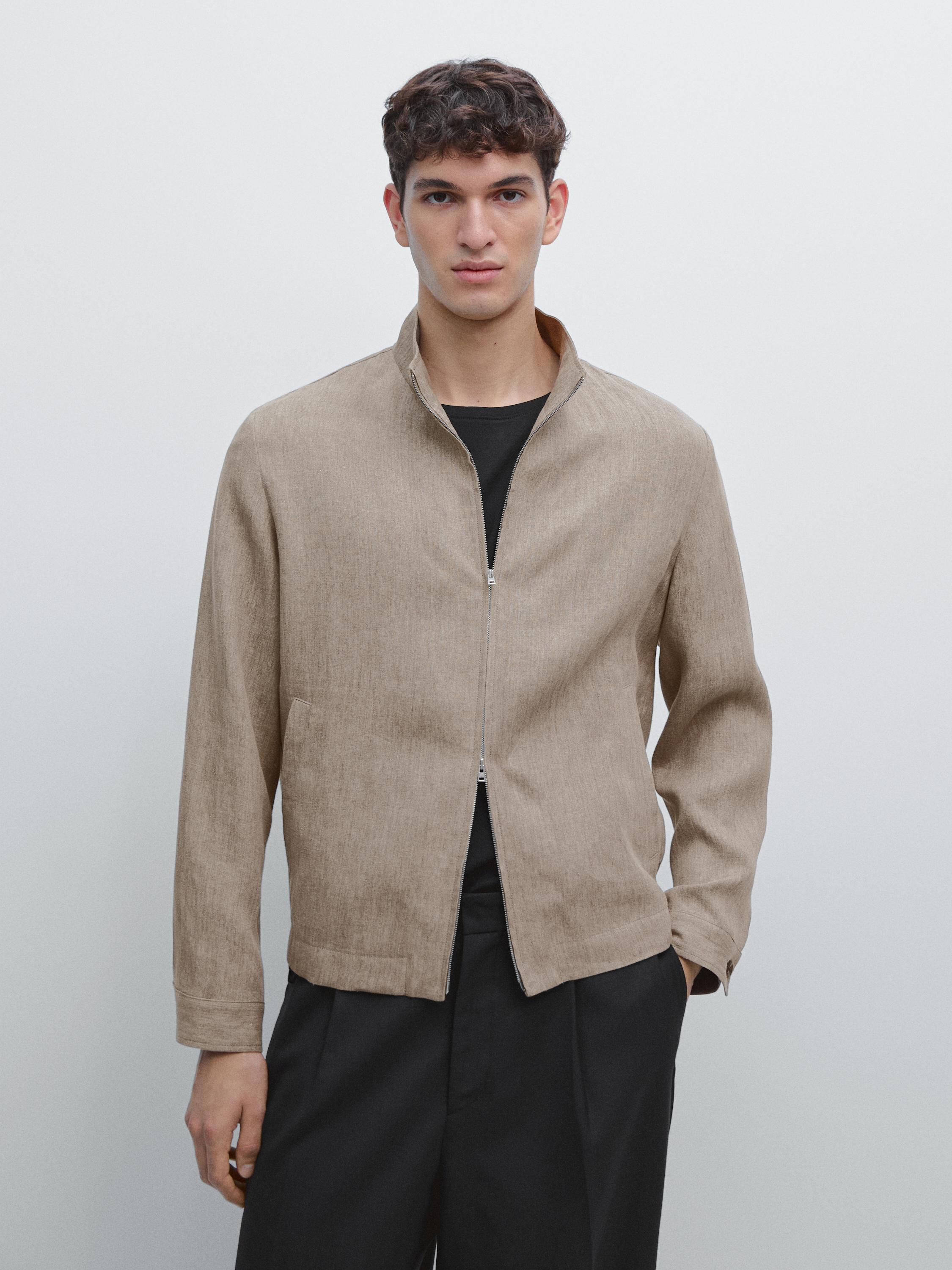 Faded total look linen bomber jacket — BROWN