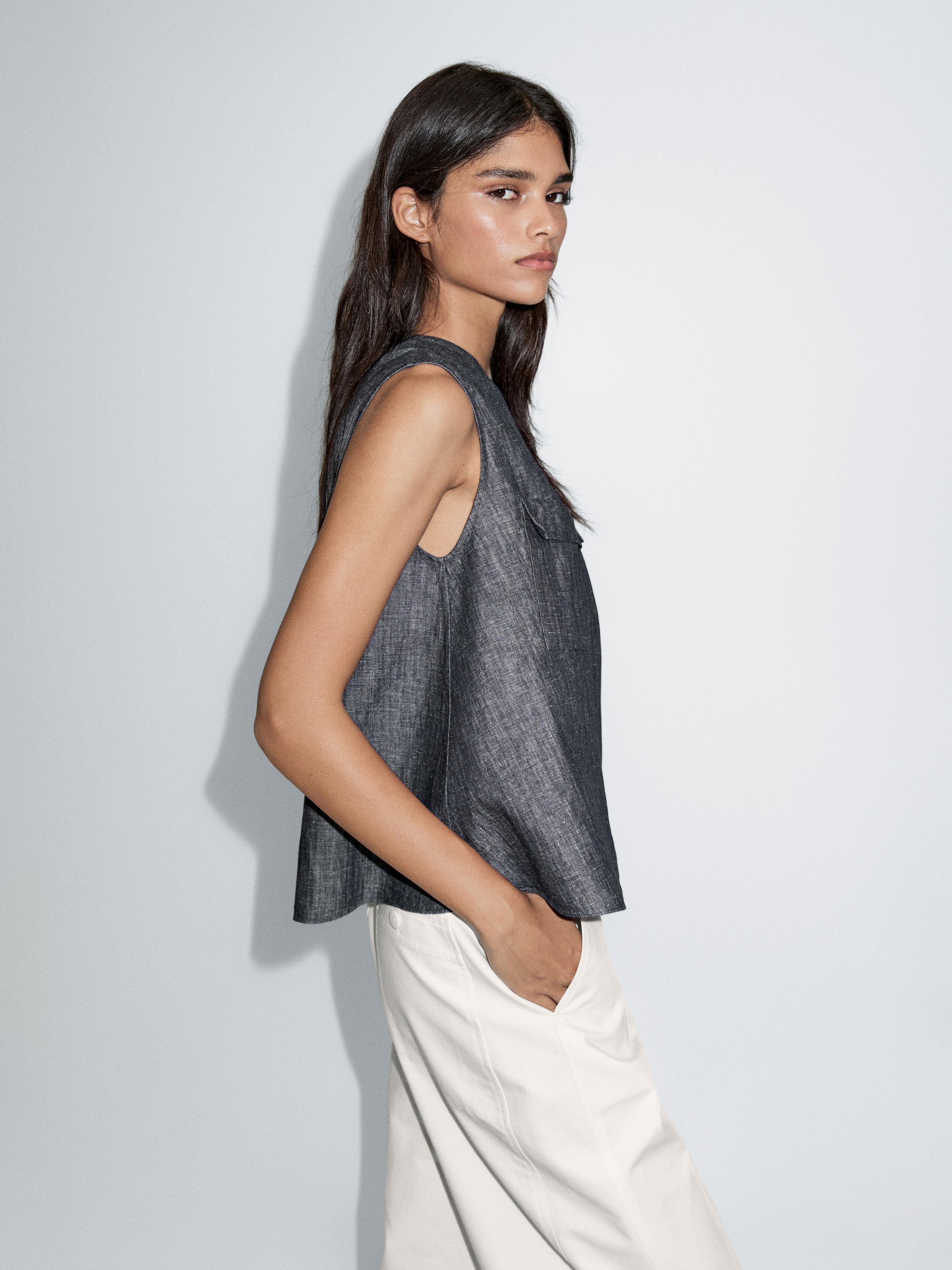 Cotton and linen denim blouse with pockets