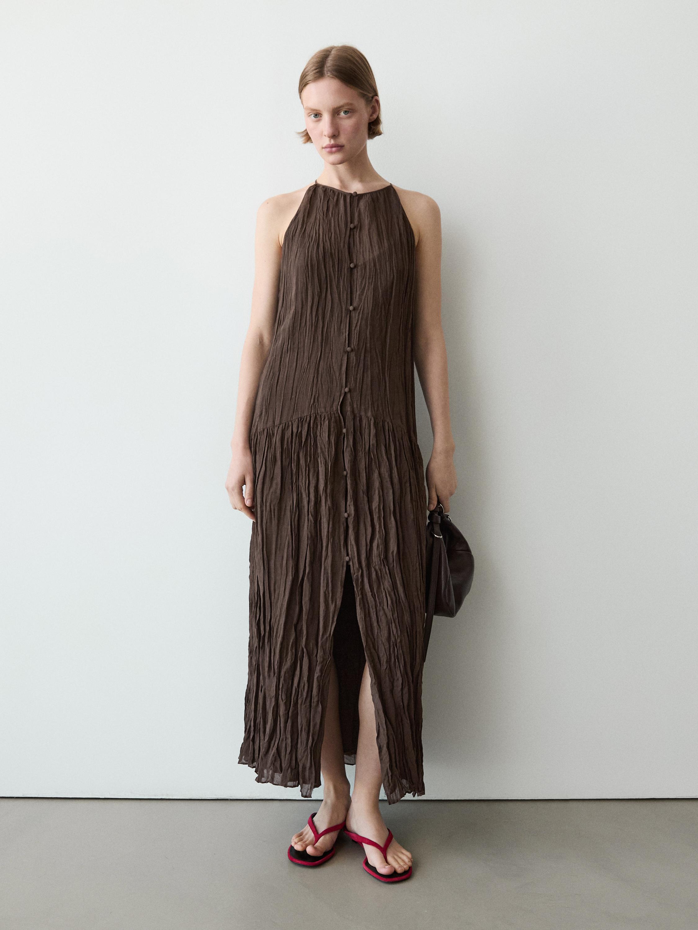 Flowing midi dress with button details — BROWN