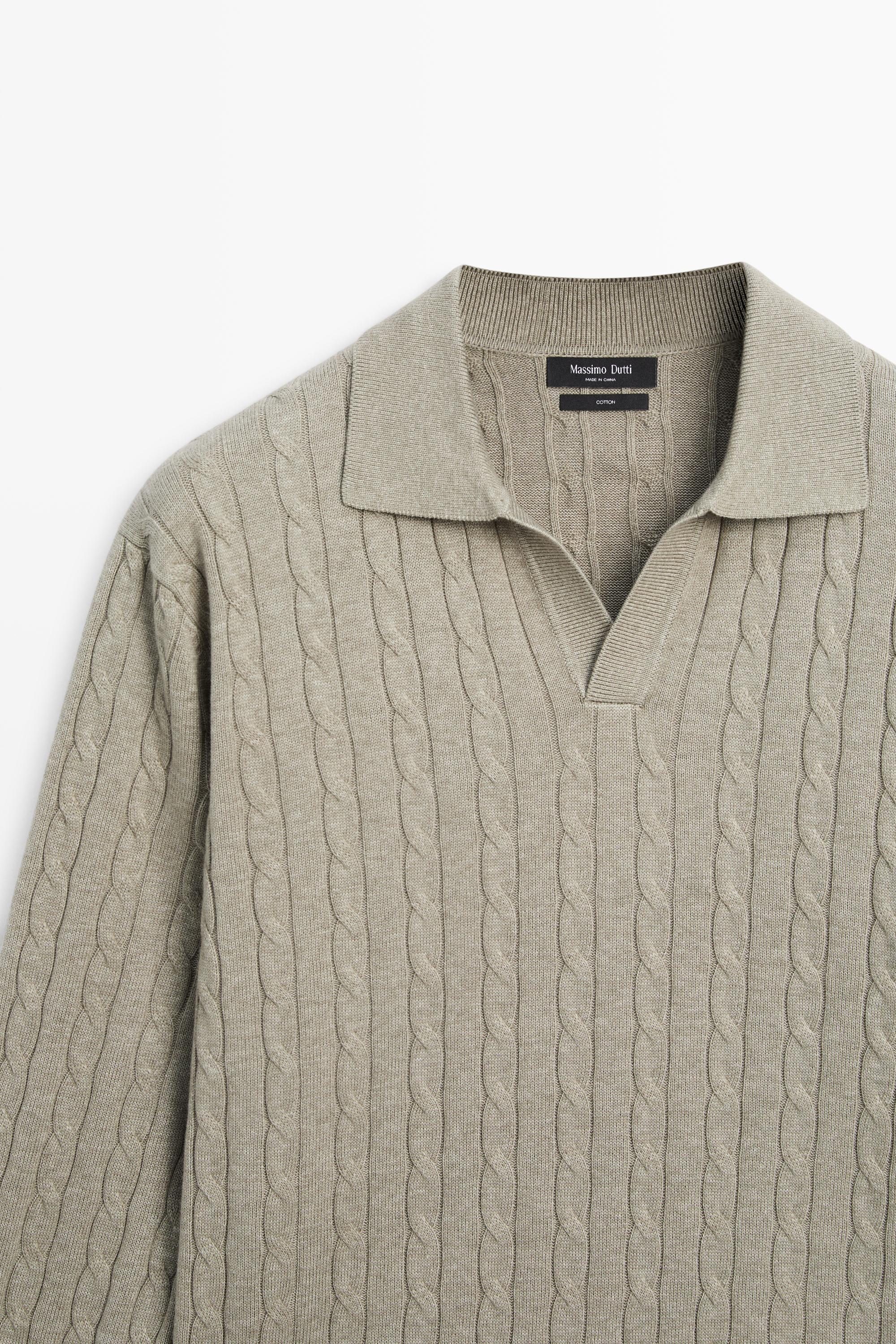 100% Cotton Cable-Knit Polo Sweater — Greyish green