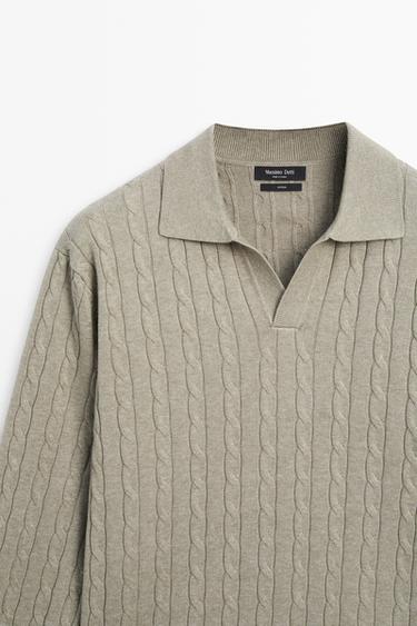 100% Cotton Cable-Knit Polo Sweater — Greyish green 4