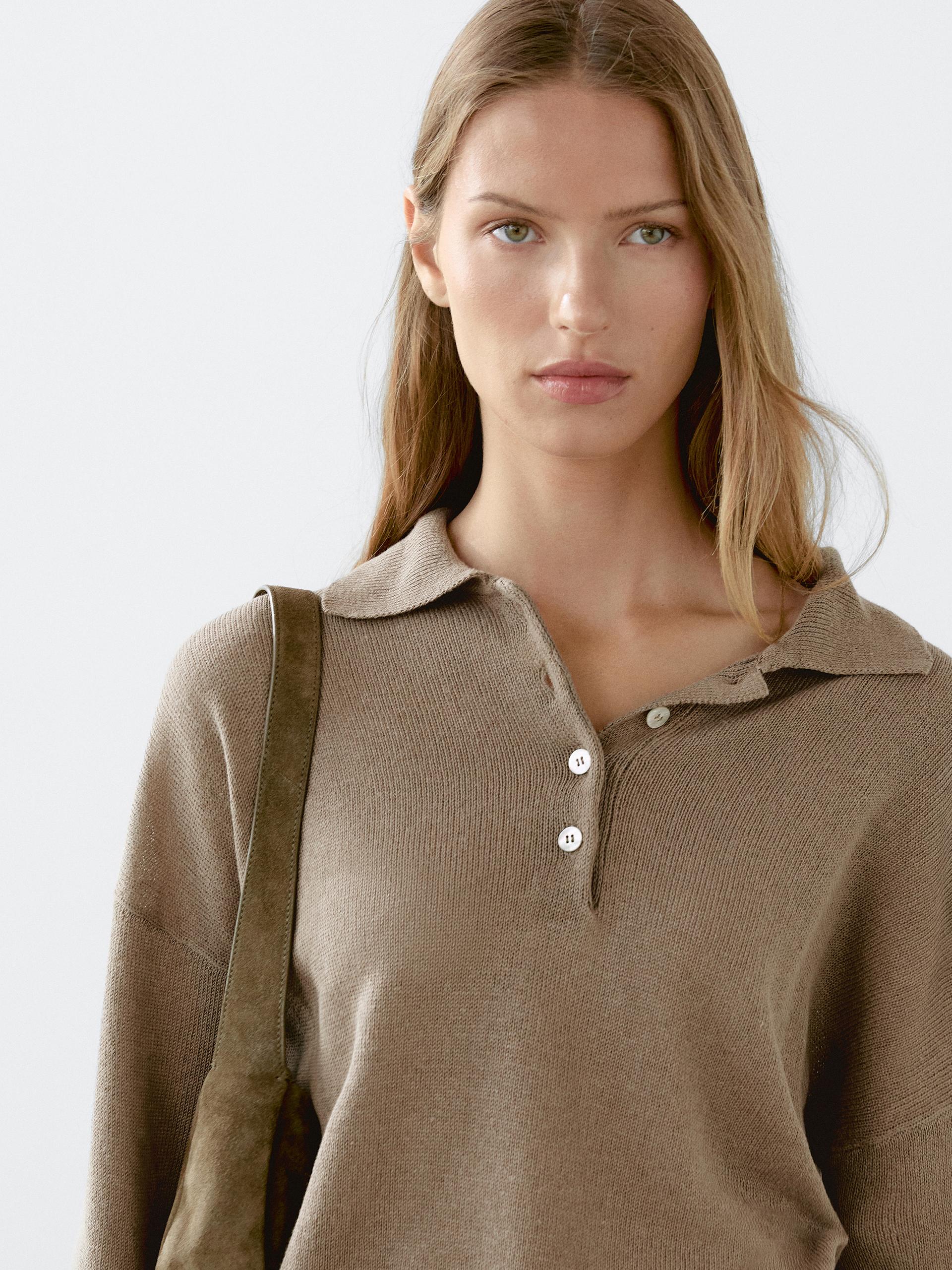 Maglia Con Collo A Polo Oversize - Kaki - L - Massimo Dutti - Femminile