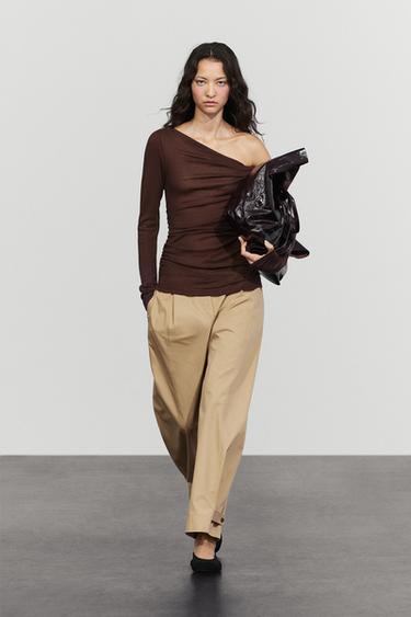 Asymmetric long sleeve flowing top — BURGUNDY 1