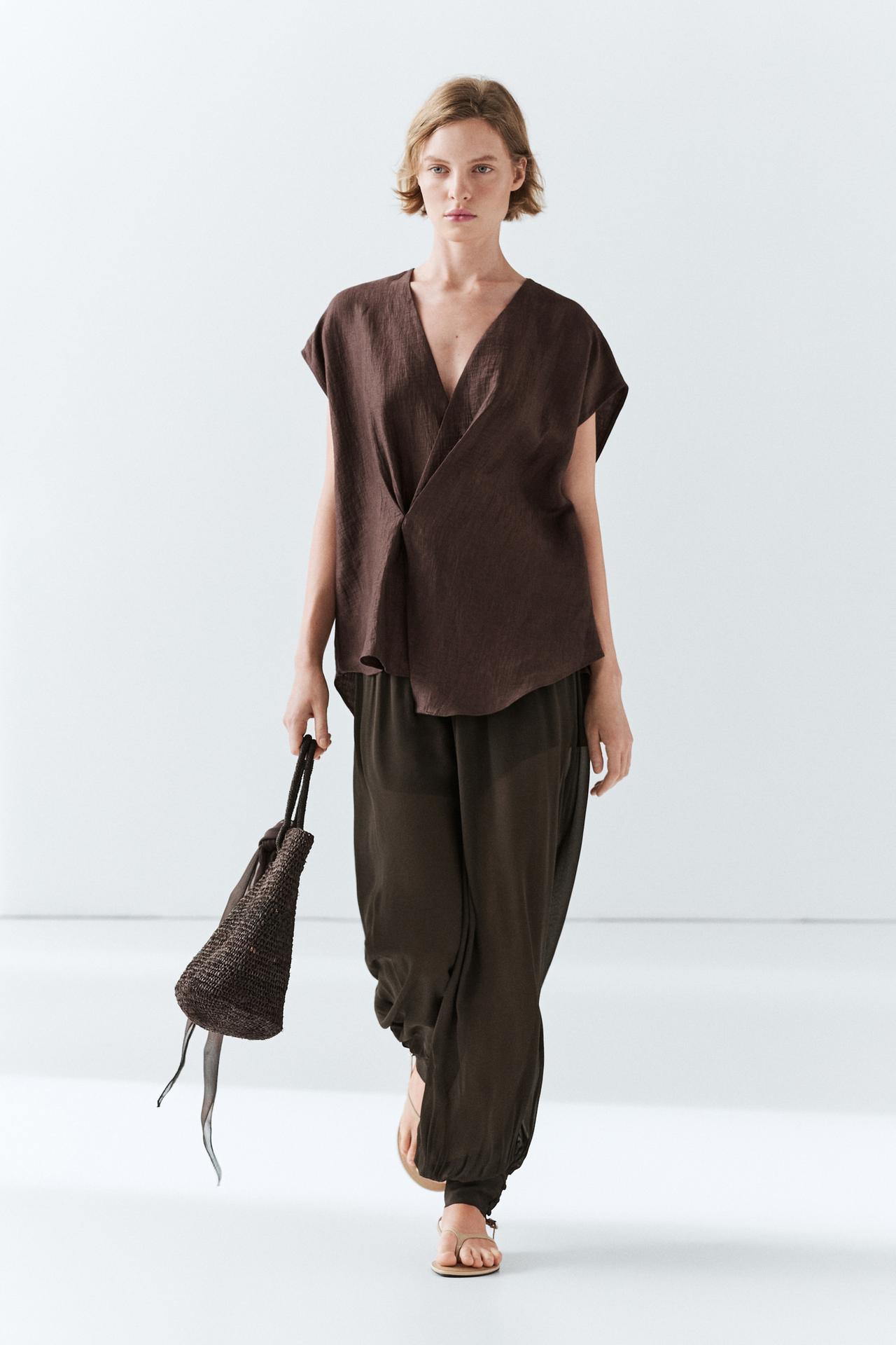 Flowing linen blend wrap blouse — BROWN