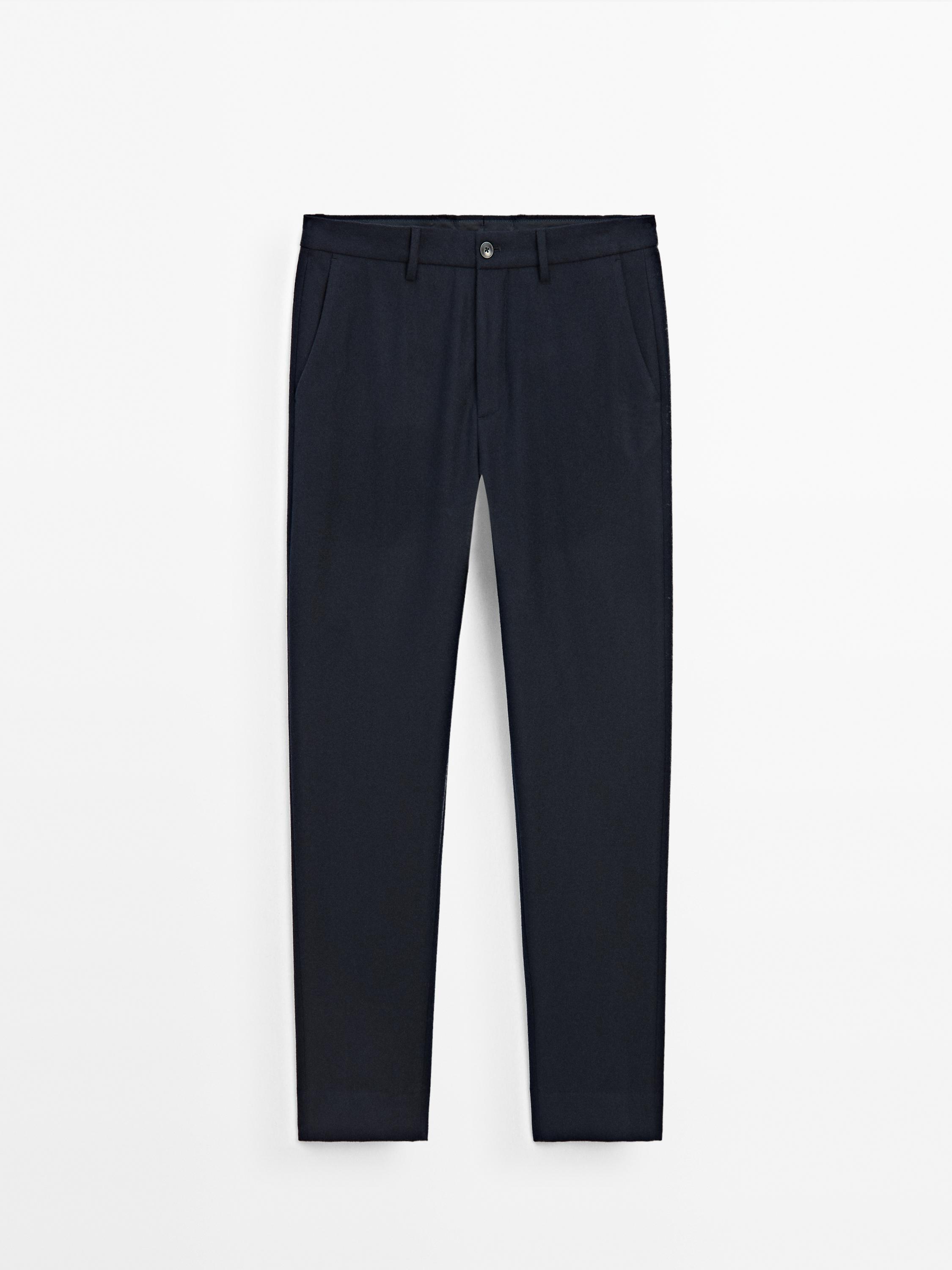 Tapered fit wool blend flannel trousers · Navy Blue · Dressy | Massimo ...