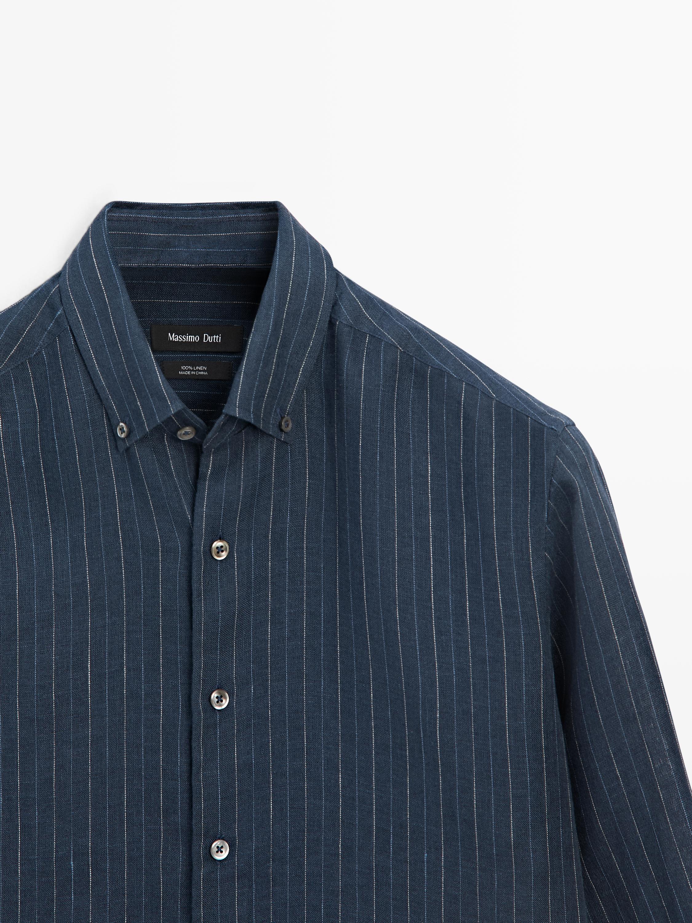 %100 keten düğmeli çizgili gömlek