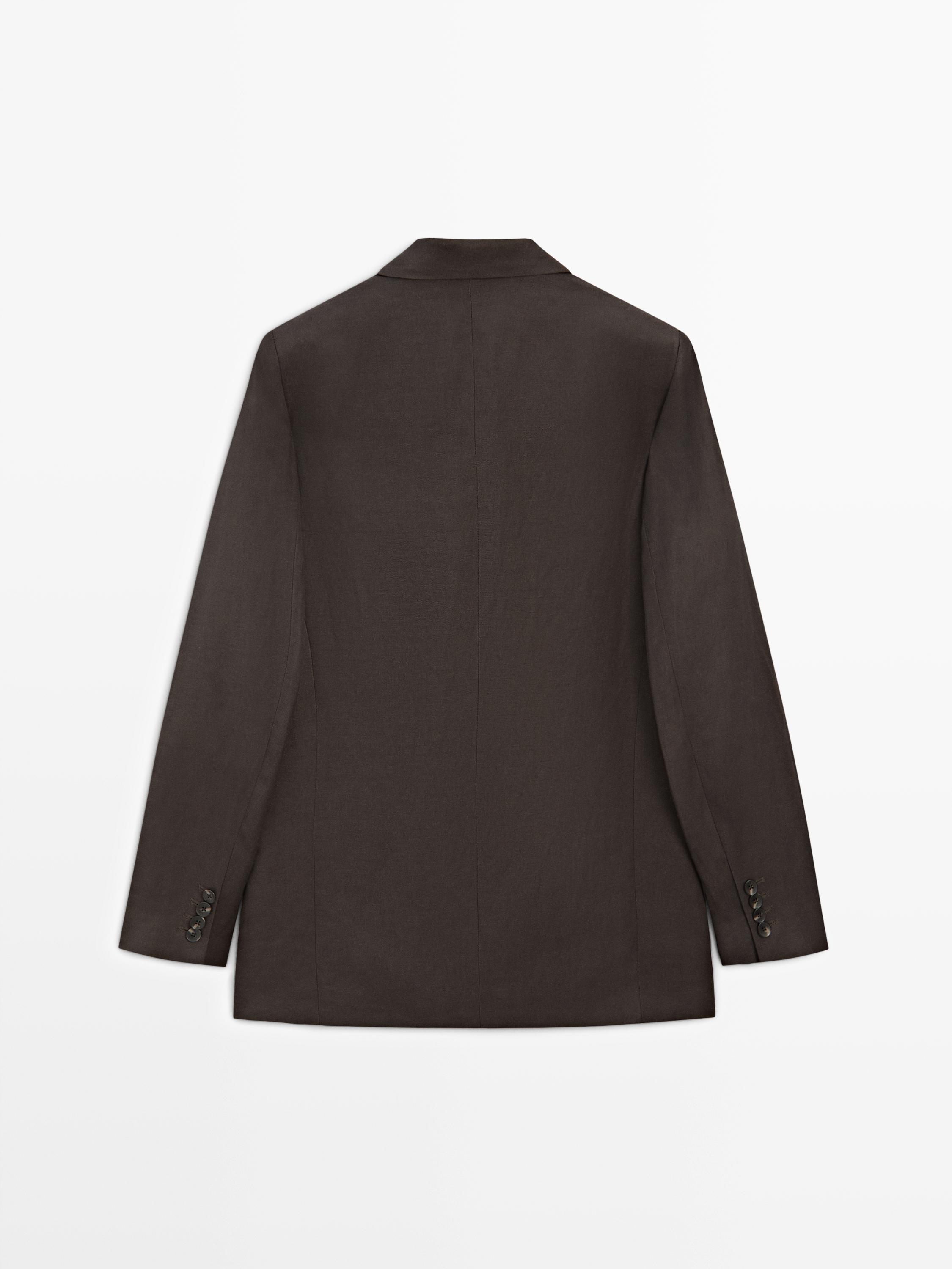Double-breasted linen blend blazer - STUDIO — BROWN