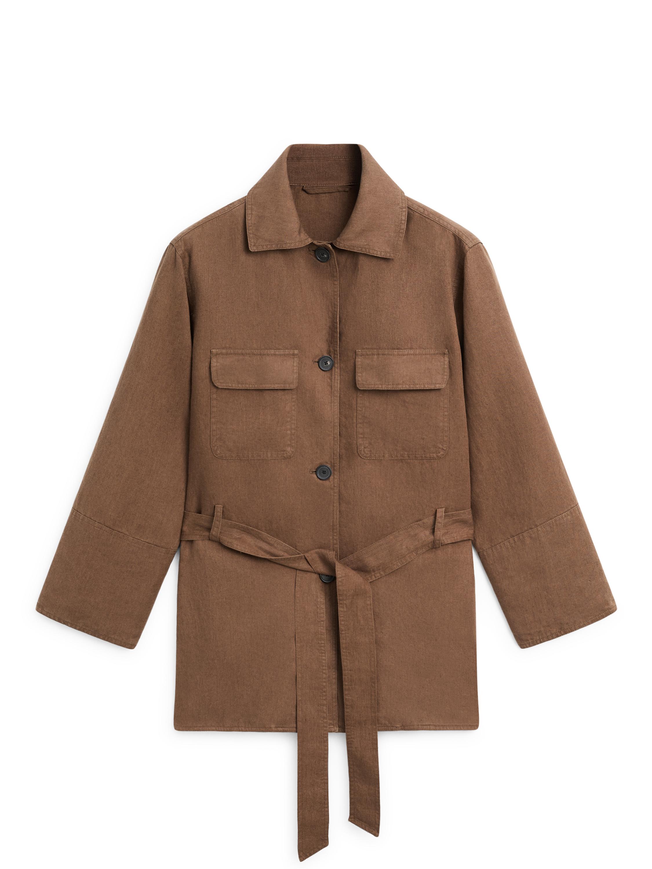 100% linen blazer with pockets and belt detail — BROWN