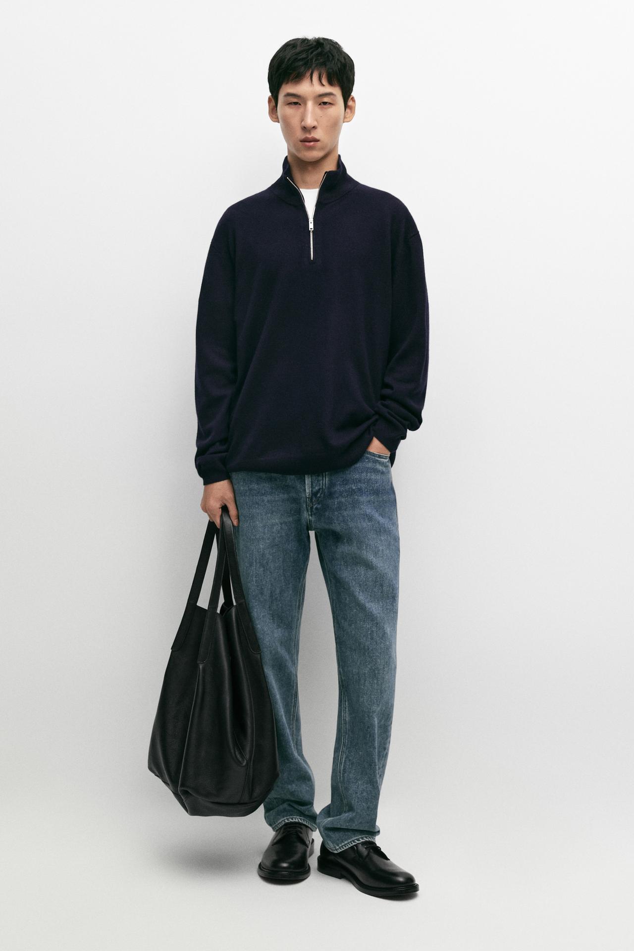 Mock neck knit sweater with zip — NAVY BLUE