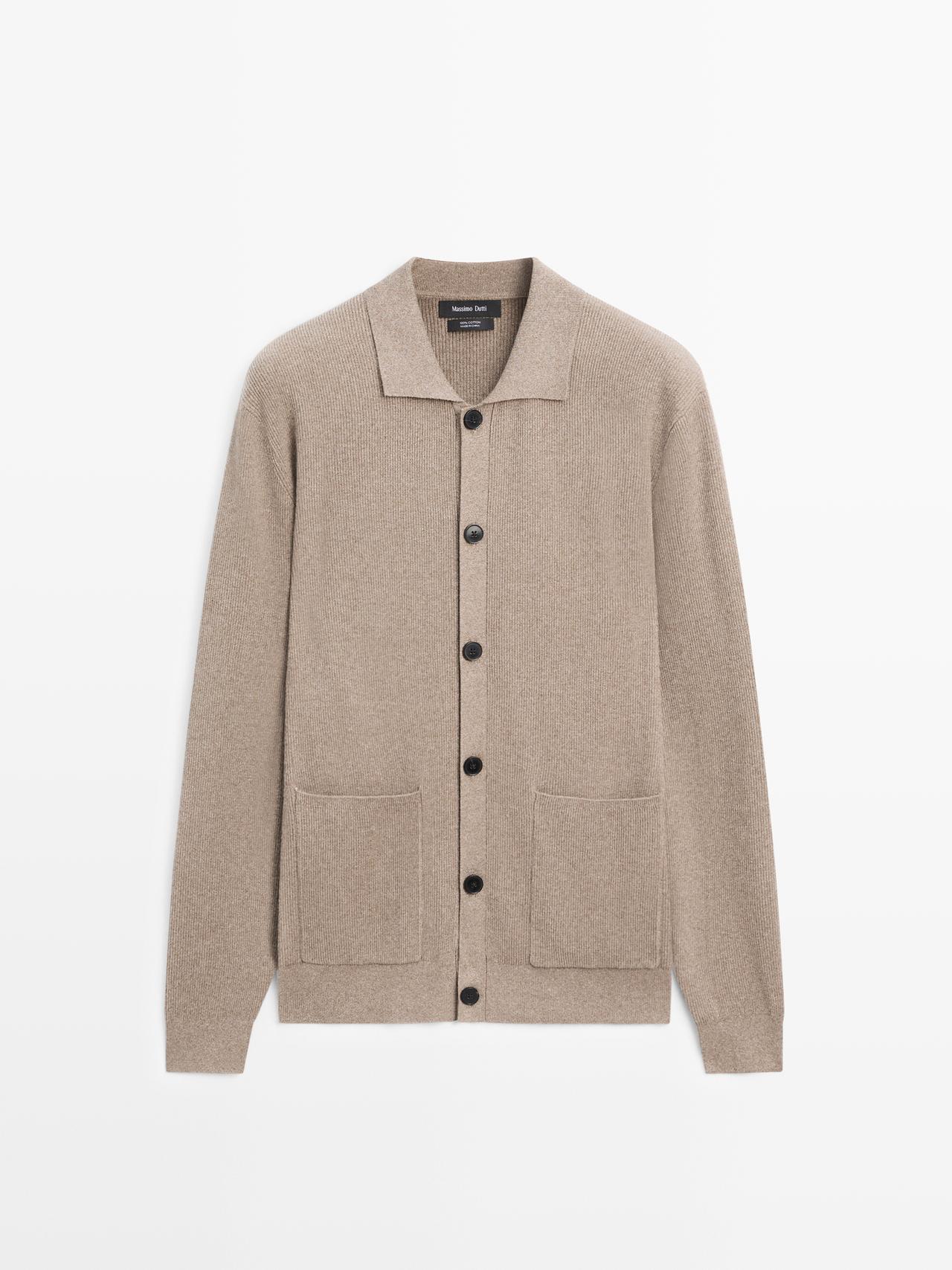 Massimo Dutti - Herre - Strikket Cardigan I Bomuld - Mørk Beige - S